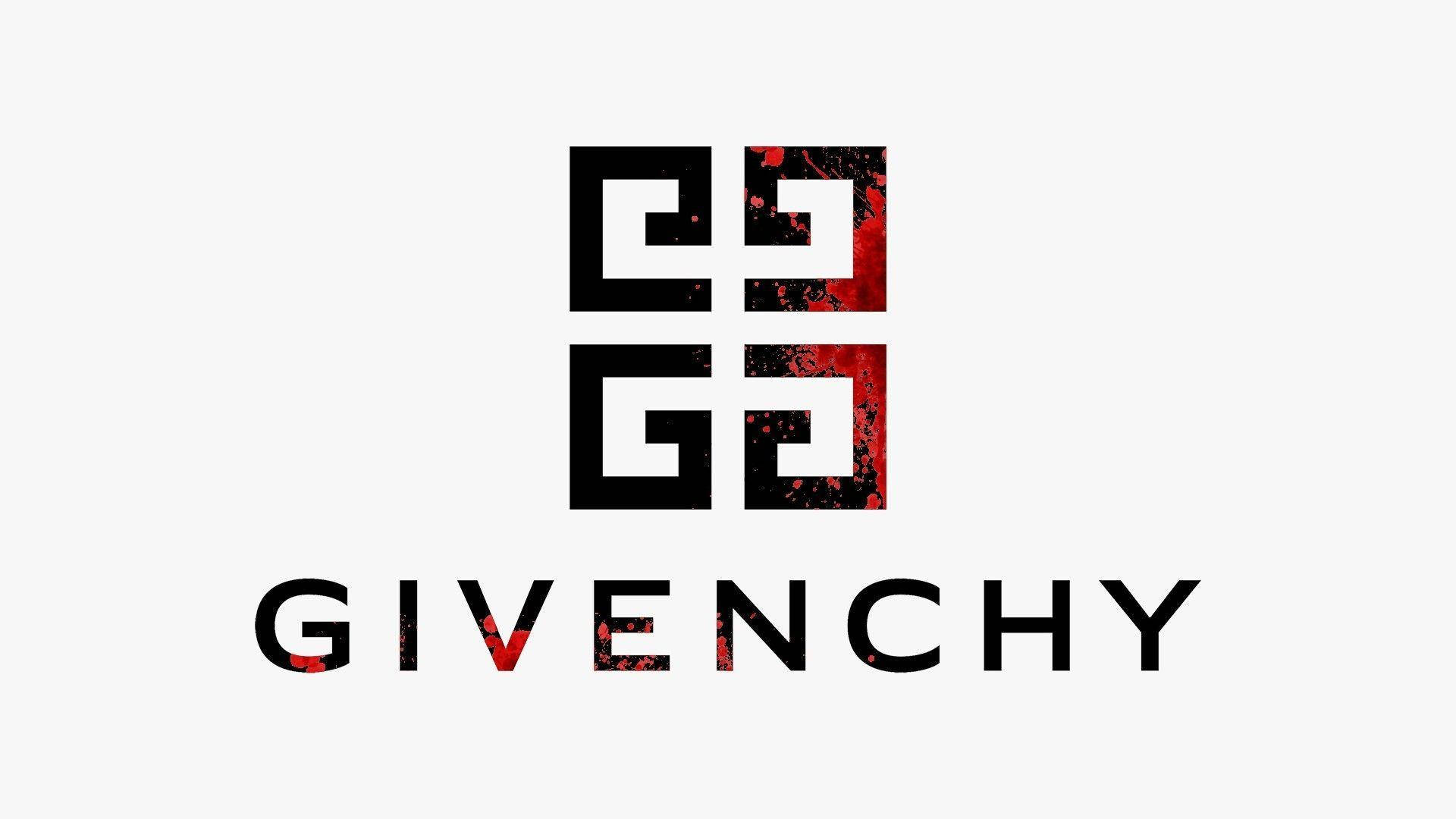 淺灰色背景上帶有黑色和紅色潑濺設計的Givenchy標誌。