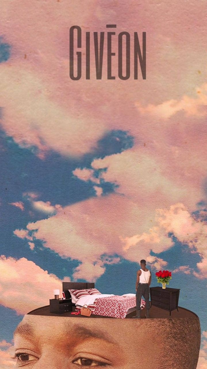 Giveon《Heartbreak Anniversary》視覺化 壁紙 — 一個男人站在一個漂浮在人類頭頂上的臥室裡，背景是夢幻般的粉紅色和藍色天空，有雲。