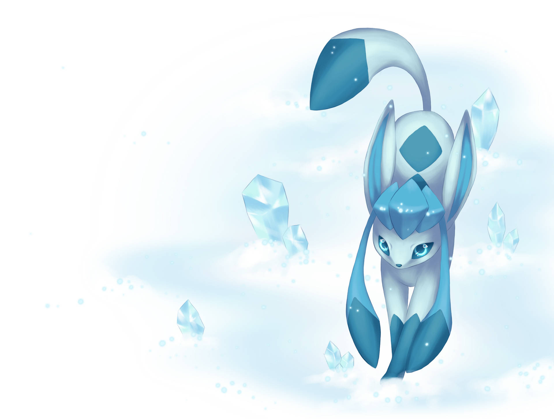 一隻藍白相間的冰狐被漂浮的水晶碎片環繞在雪天中。