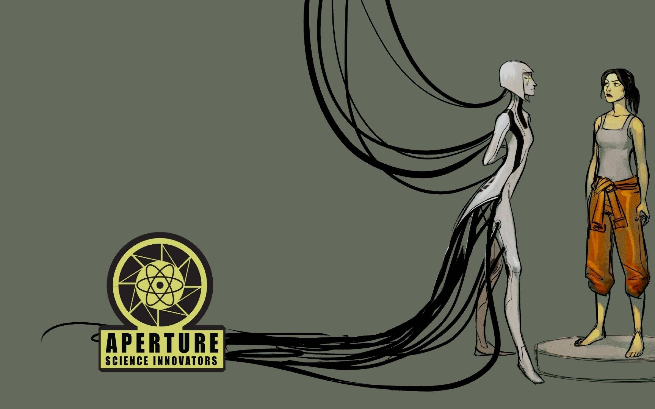 人類GLaDOS（傳送門2） 壁紙 — 一個纖細的白色身影帶有黑色觸手，在一個穿著橙色褲子的女人旁邊流動，背景是柔和的綠色，帶有Aperture Science標誌。