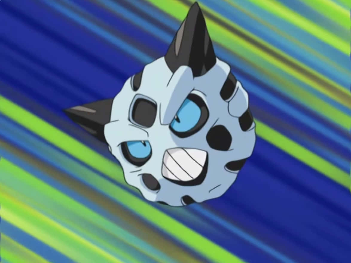 寶可夢動畫中的藍綠色 Glalie 壁紙 — 一隻卡通風格、藍黑斑點、擁有尖牙和發光眼睛的生物，在充滿活力的藍綠色動態模糊背景上疾馳而過。