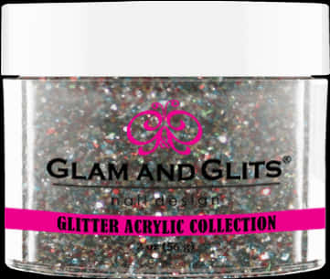 Glam and Glits 閃粉凝膠指甲系列 壁紙 — 一個透明罐子，裝滿閃爍銀色閃粉亞克力顏料，標籤為「Glam and Glits」，帶有粉紅色品牌標識。