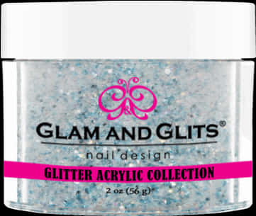 Glamand Glits 閃粉丙烯系列 壁紙 — 一個透明罐子，裝滿閃爍藍色閃粉亞加力粉末，標有「Glam and Glits」及粉紅色品牌標誌。
