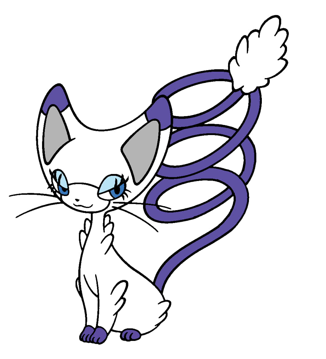 白色調的Glameow 壁紙 — 一隻可愛的動漫風格貓咪，藍色眼睛，長長的紫色絲帶尾巴，坐在純白色背景上微笑。