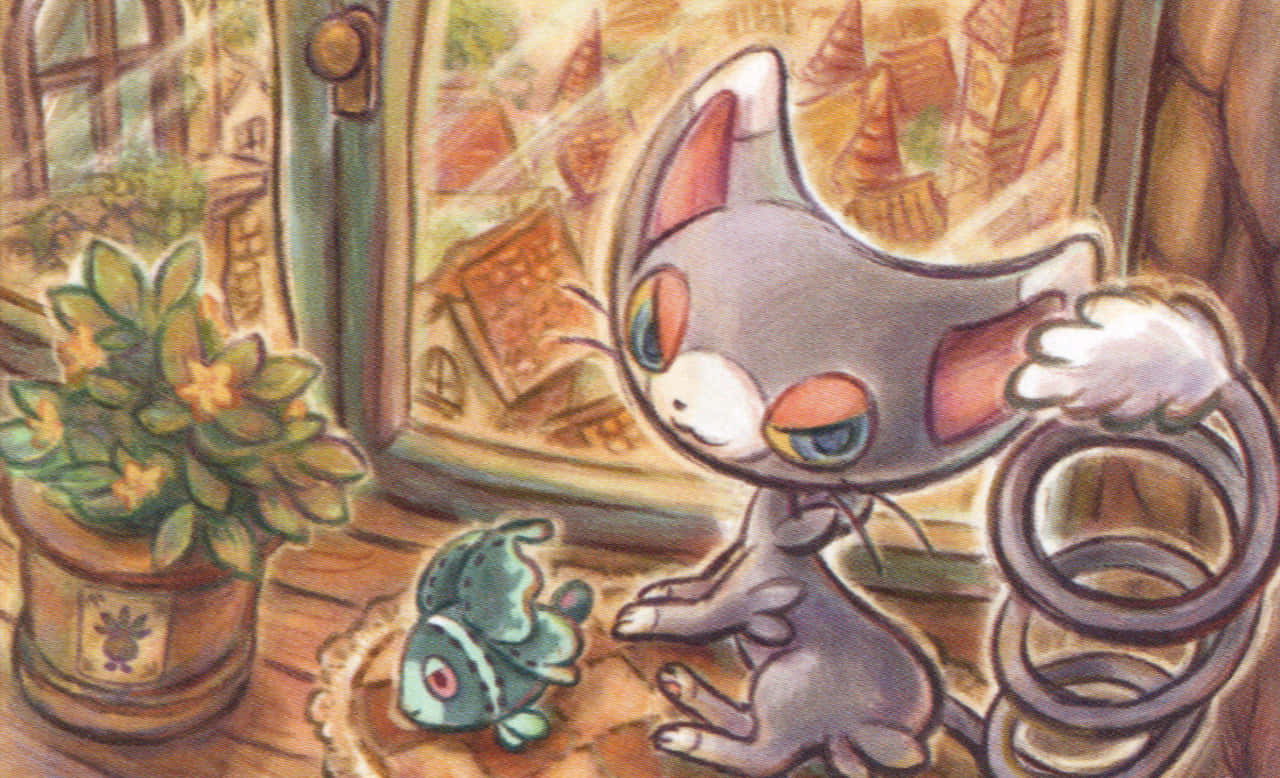 Glameow 與 Finneon 壁紙 — 一隻可愛的灰色貓狀生物，大眼睛，坐在室內窗邊，旁邊有一條小魚和盆栽植物。