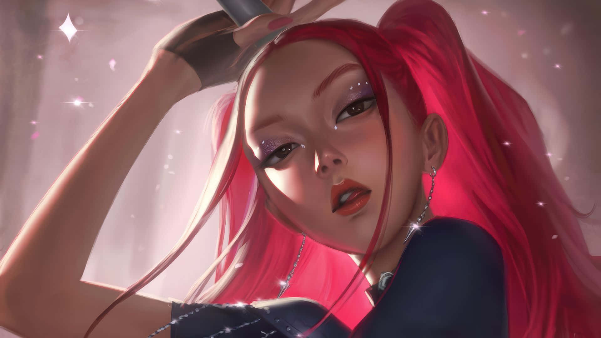  壁紙 — 一位擁有鮮豔紅髮和閃爍眼睛的迷人動漫女孩，在閃閃發光的柔和背景下自信地擺姿勢。