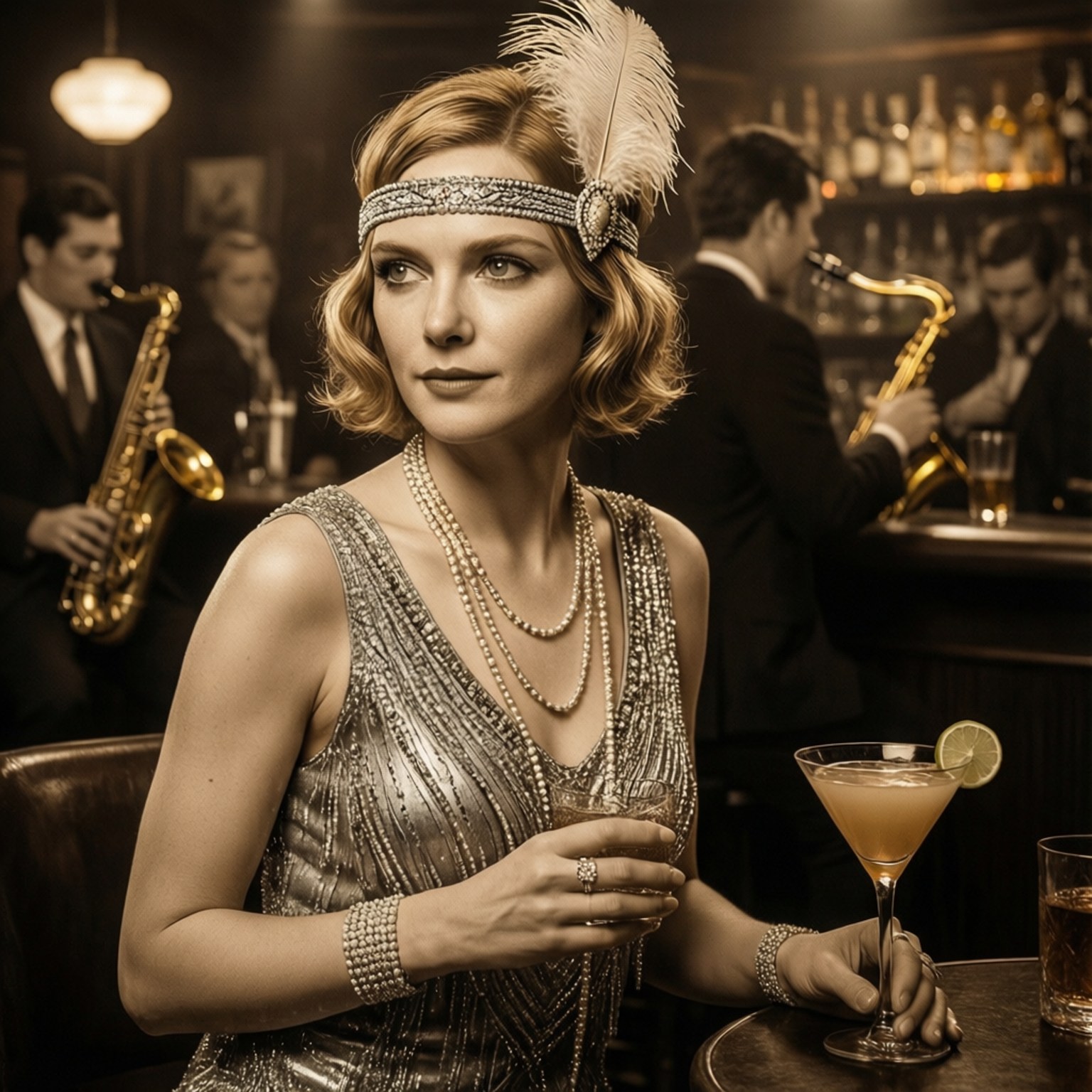Flapper Glamour 壁紙 — 一位穿著珠飾連衣裙和羽毛頭帶的迷人飛女郎，在煙霧繚繞的爵士酒吧中，背景有薩克斯風手，啜飲著雞尾酒。