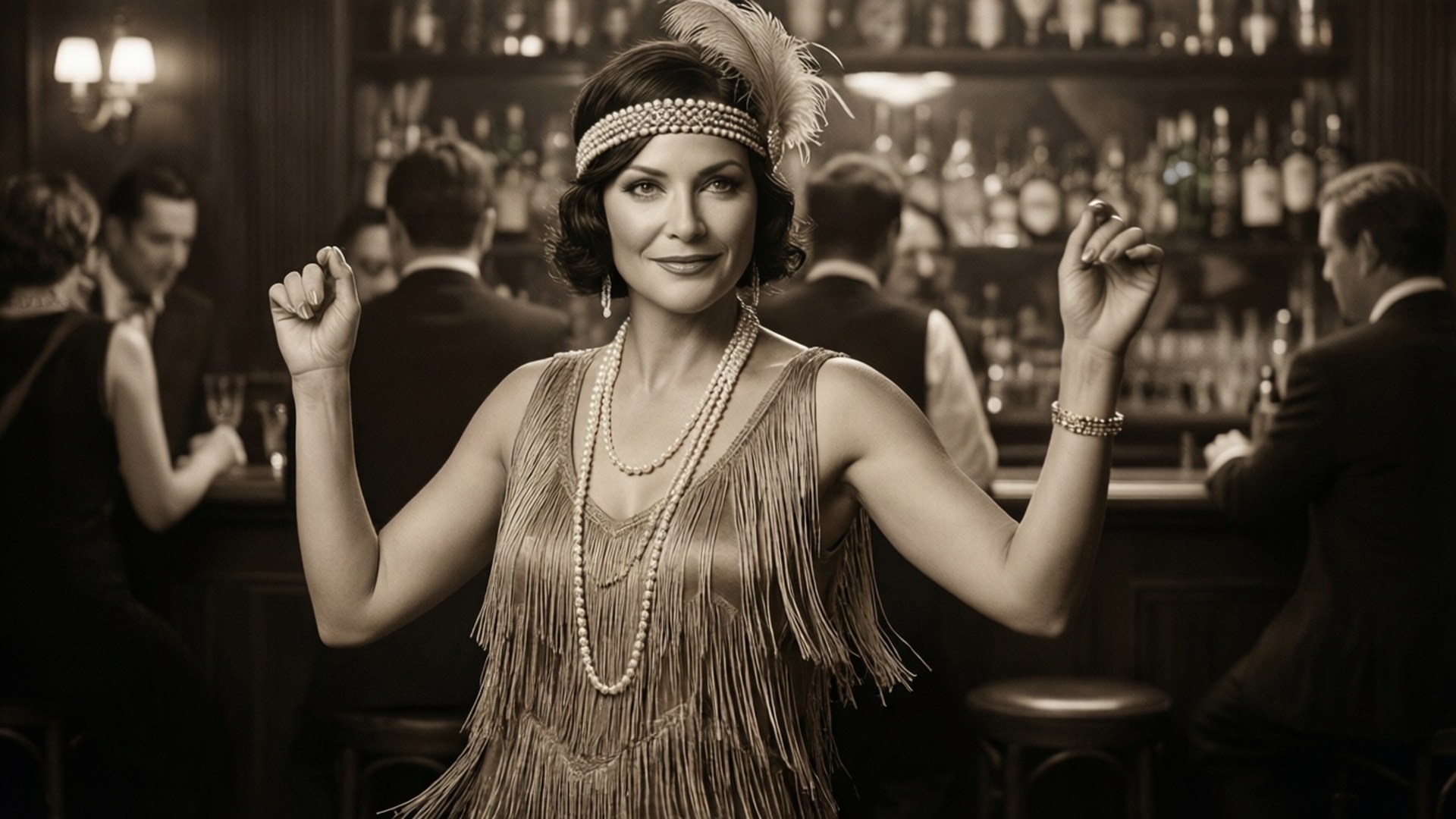 tiffani thiessen 桌布 壁紙 — 一位穿著流蘇 flapper 裙和羽毛頭帶的迷人女子，在復古地下酒吧中自信地微笑。