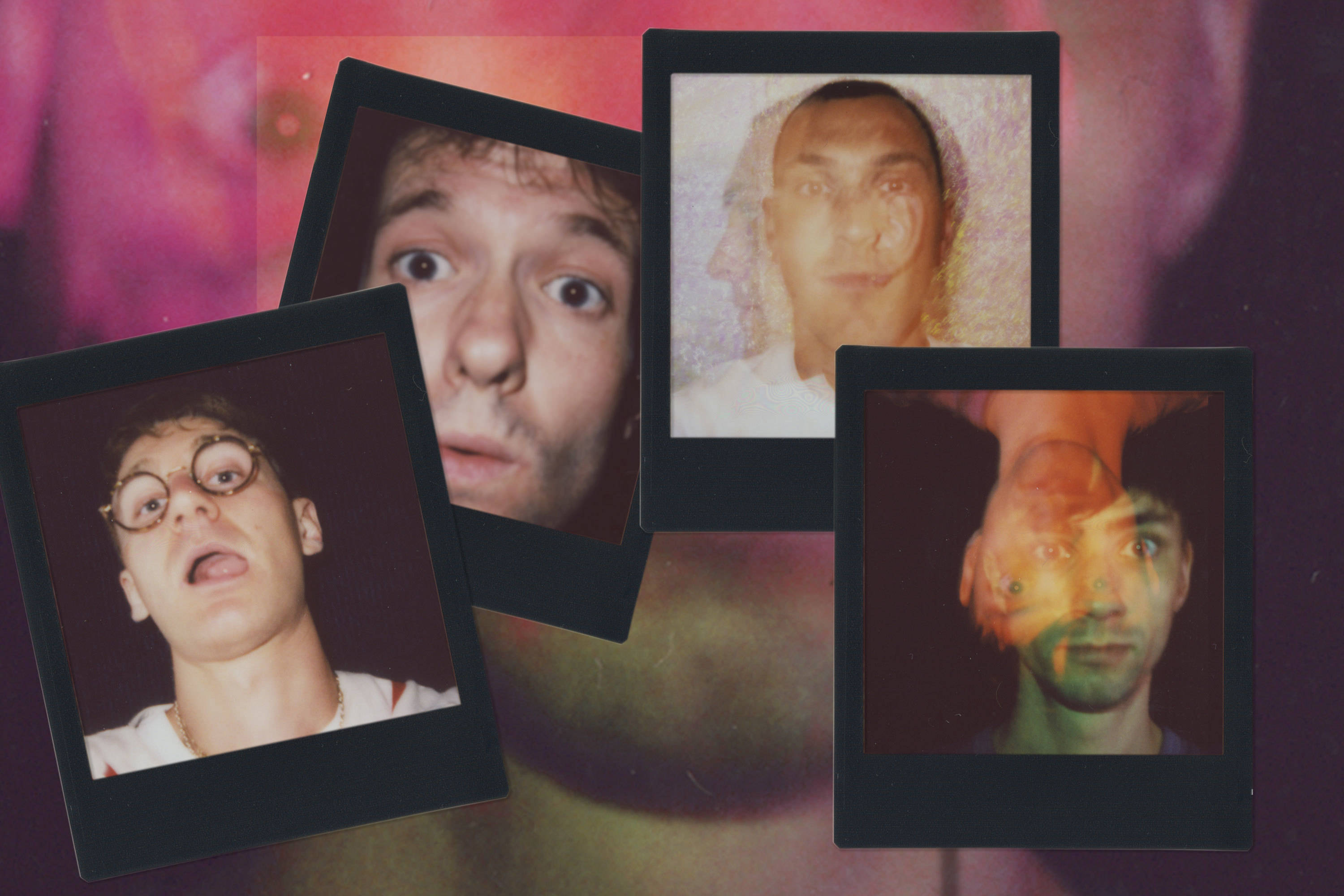 Glass Animals Instax 風格合照 壁紙 — 四張寶麗來風格的照片，展示一位男士在充滿活力的粉紅和紫色漸變背景前，呈現多種表情和效果。
