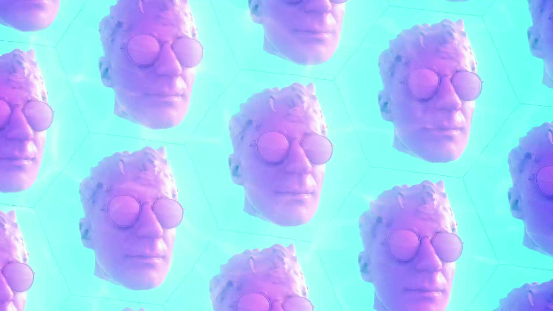 Glass Animals 复古藝術 壁紙 — 重複的雕塑頭像戴著圓形眼鏡，在霓虹紫光下漂浮於發光的青色六邊形網格中。
