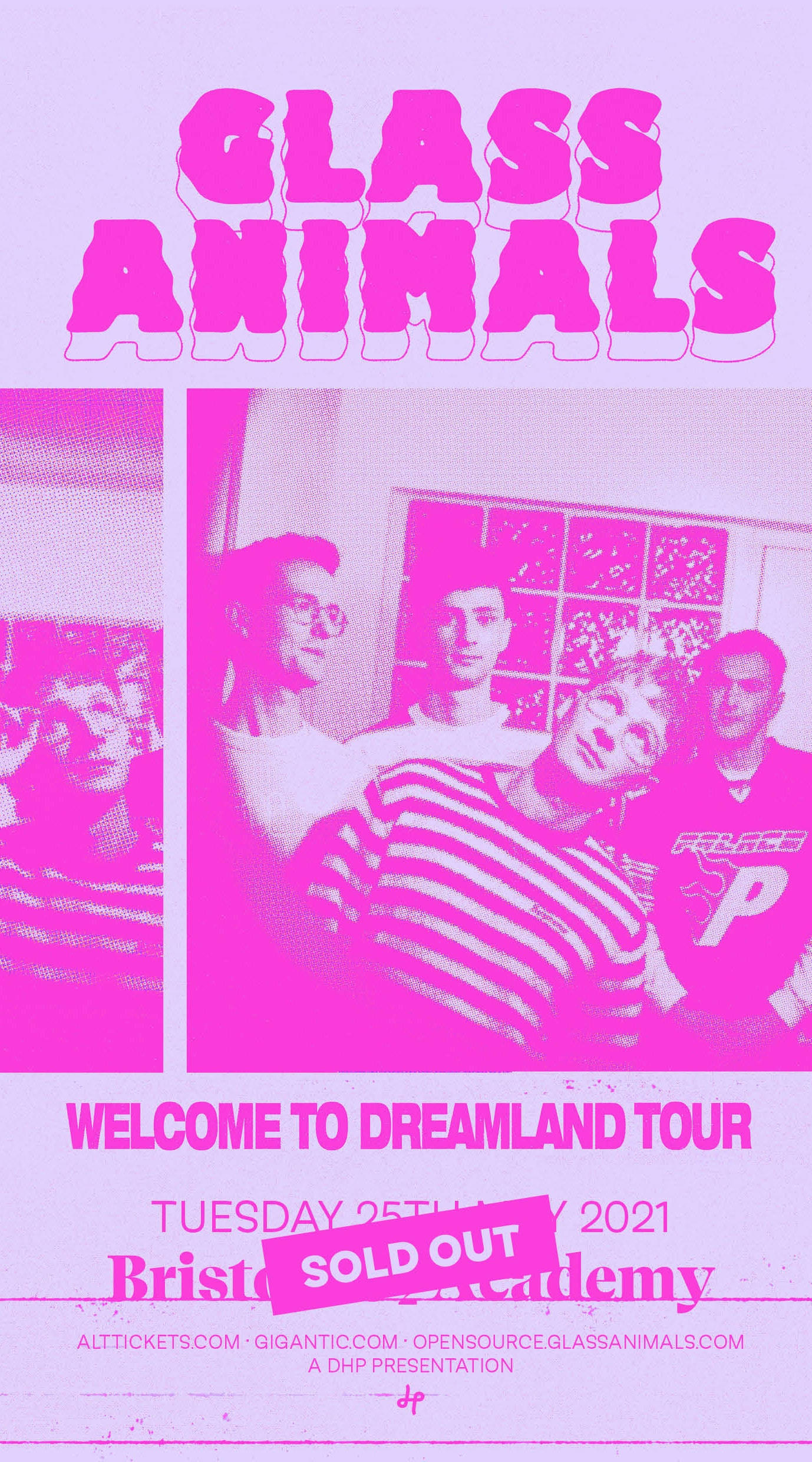 Glass Animals 演唱會海報設計 壁紙 — Glass Animals Dreamland Tour 的粉紅色調音樂會海報，以風格化照片展示樂隊成員。