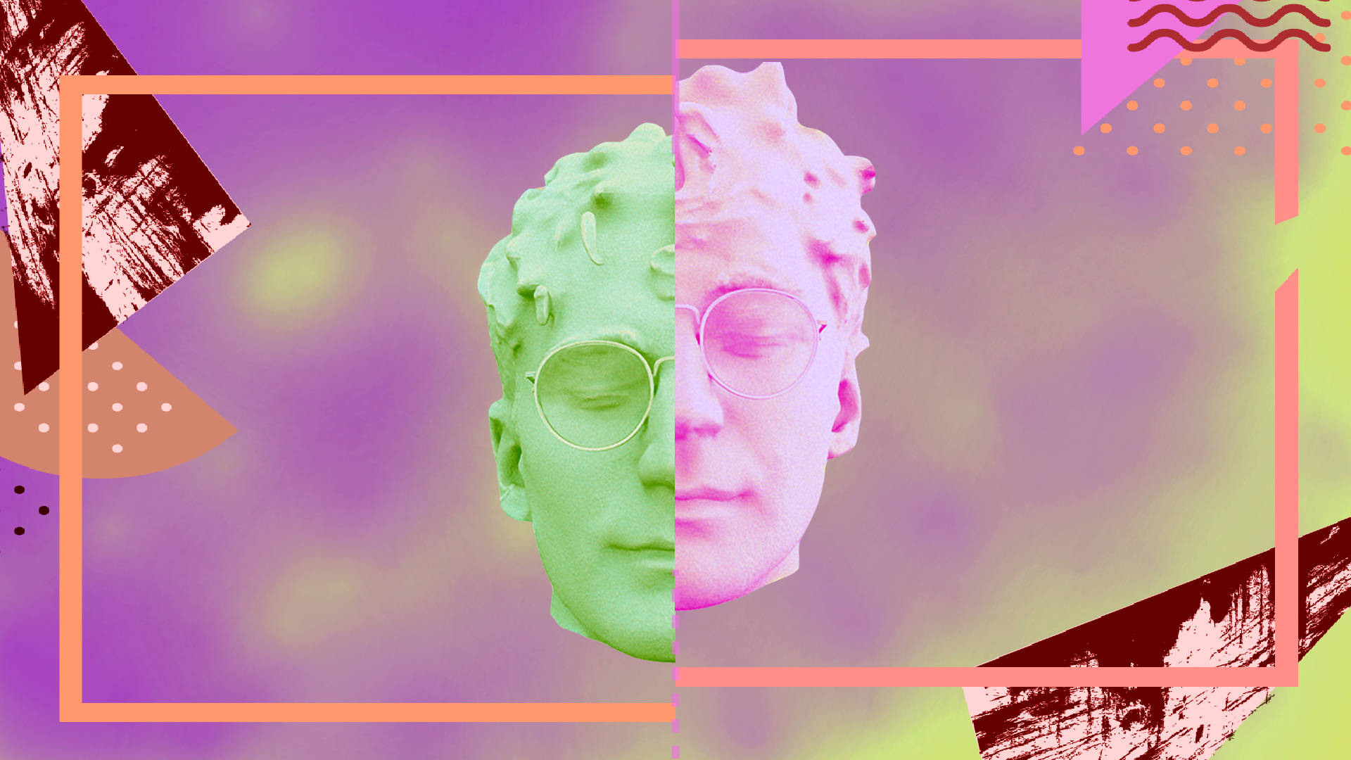 Glass Animals 風景壁紙 壁紙 — 一個戴著眼鏡的古典雕像頭部的分割肖像，背景是充滿幾何形狀和柔和漸變色的鮮豔抽象背景。