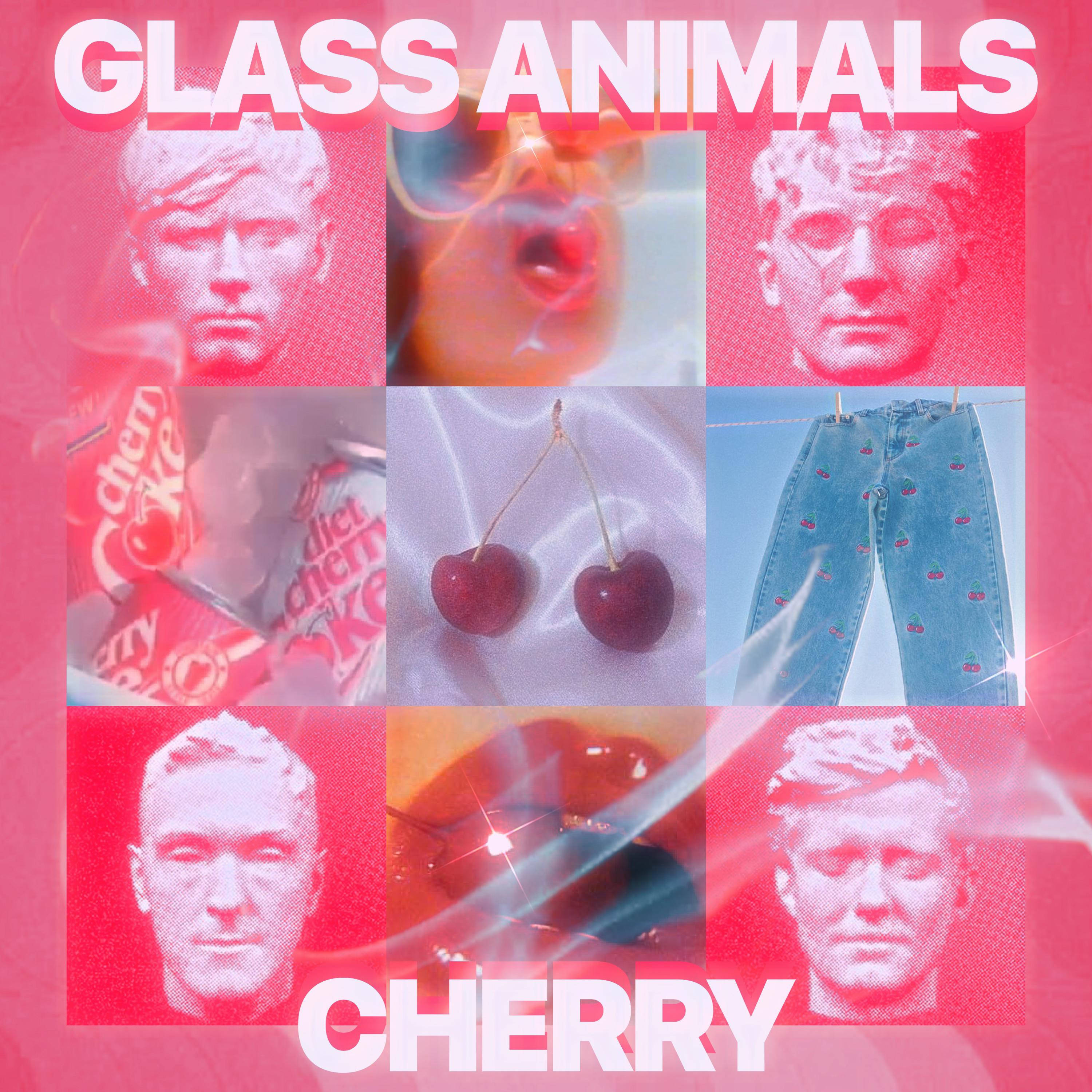 Glass Animals《Cherry》美學數位插畫 壁紙 — 一個充滿活力的紅色調拼貼畫，包含面孔、櫻桃、櫻桃汽水和櫻桃縫牛仔褲，下方有粗體文字。