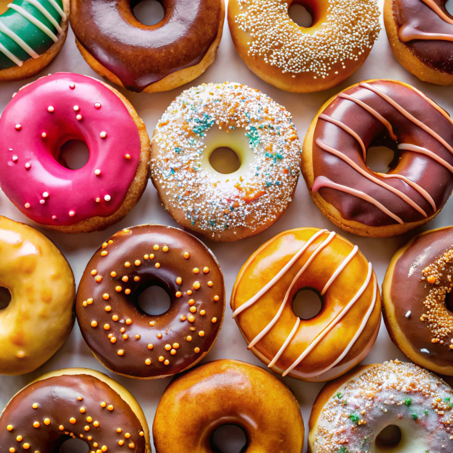 Glazed donuts seen from above 壁紙 — 色彩繽紛的釉面和撒糖甜甜圈緊密排列在白色表面上。