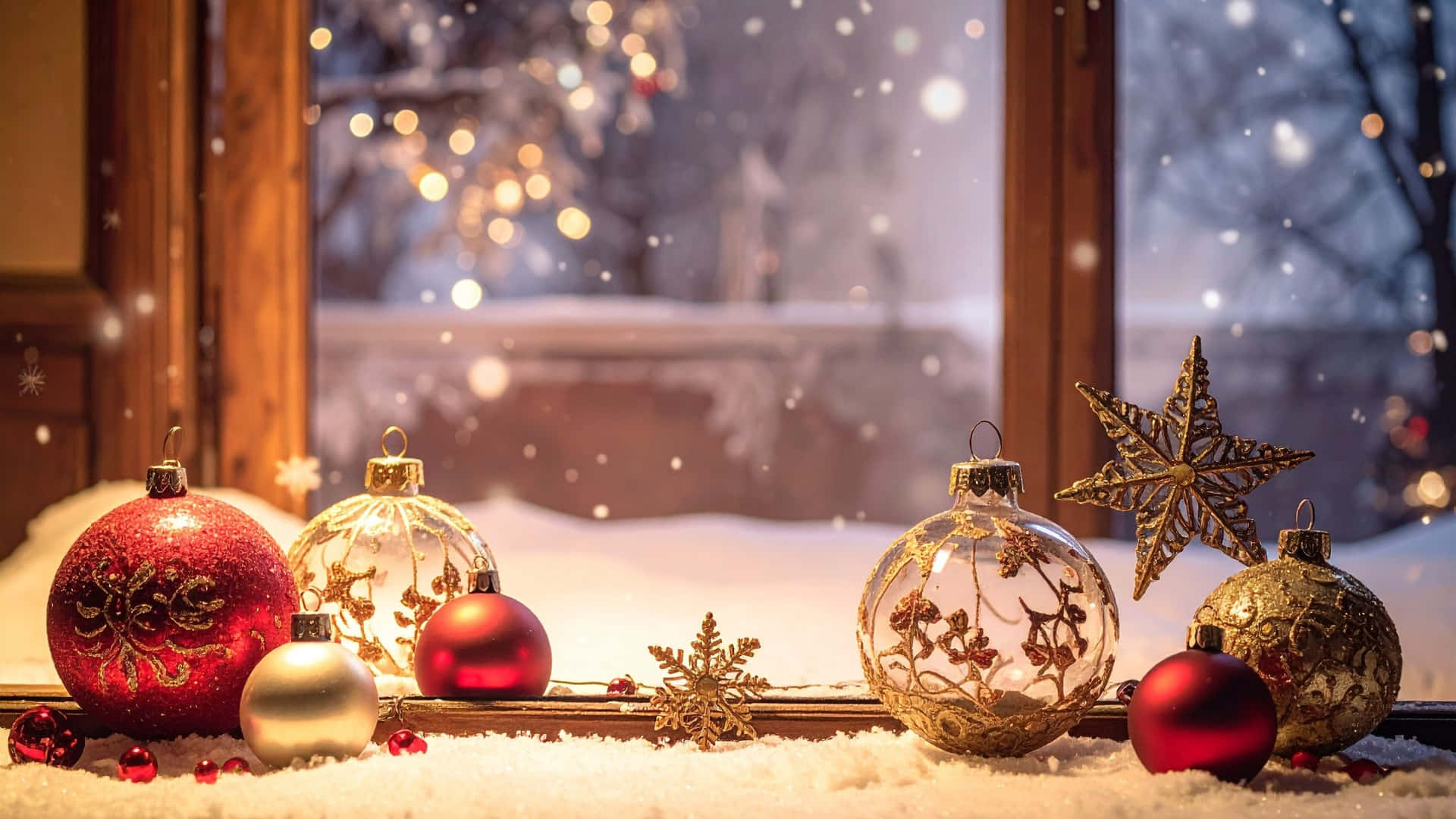  壁紙 — 閃亮的紅色、金色和銀色聖誕裝飾品放在窗台的新雪上，窗外雪花飄揚，映襯著溫暖的散景照明冬季場景。