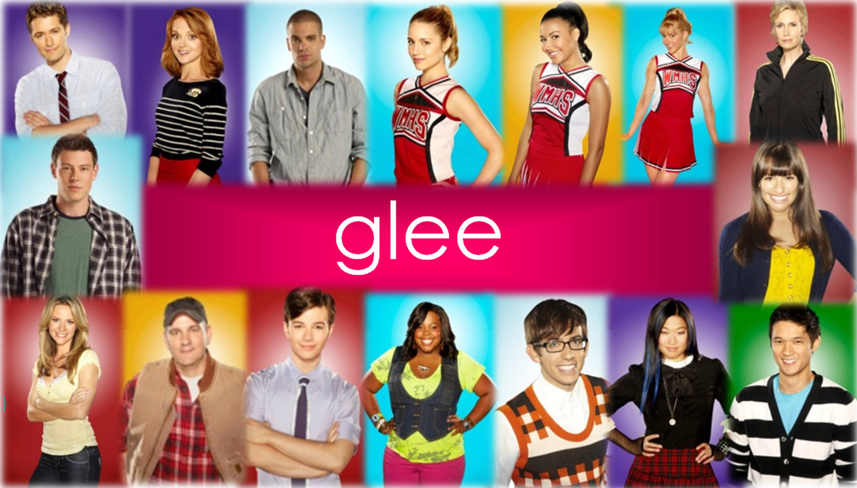 《Glee》劇組成員第二季肖像照 壁紙 — Glee 的演員在色彩鮮豔的背景前自信地擺姿勢，節目名稱居中。
