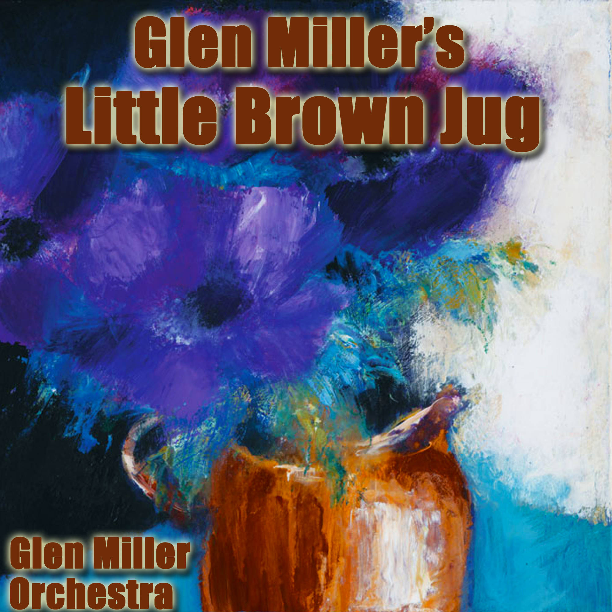 Glenn Miller的《Little Brown Jug》 壁紙 — 充滿活力的抽象畫，描繪一個棕色水壺，帶有紫色、藍色和藍綠色的花卉漩渦，背景為紋理白色。