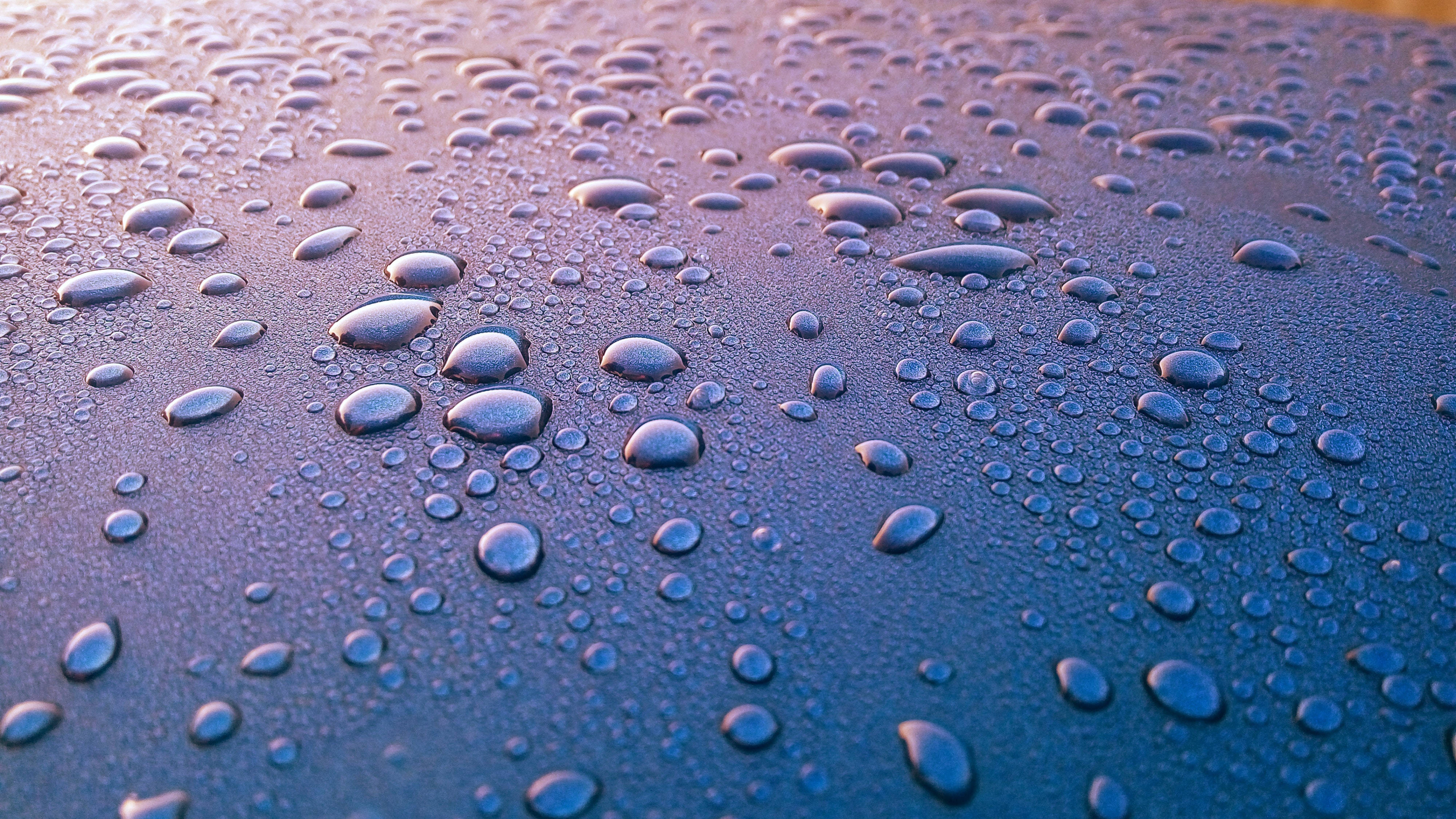 潮濕表面上雨滴的特寫，散發著紫色和藍色的暮光。