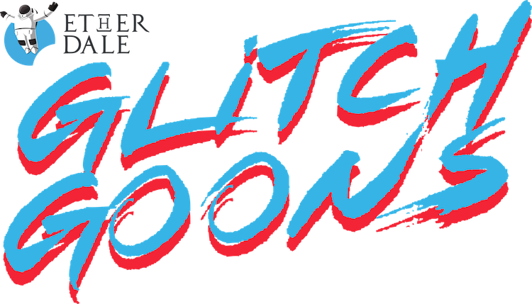 Glitch Goons Logo Etherdale 壁紙 — 粗體風格文字在黑色背景上以藍色和紅色刷筆字母寫著「GLITCH GOONS」。