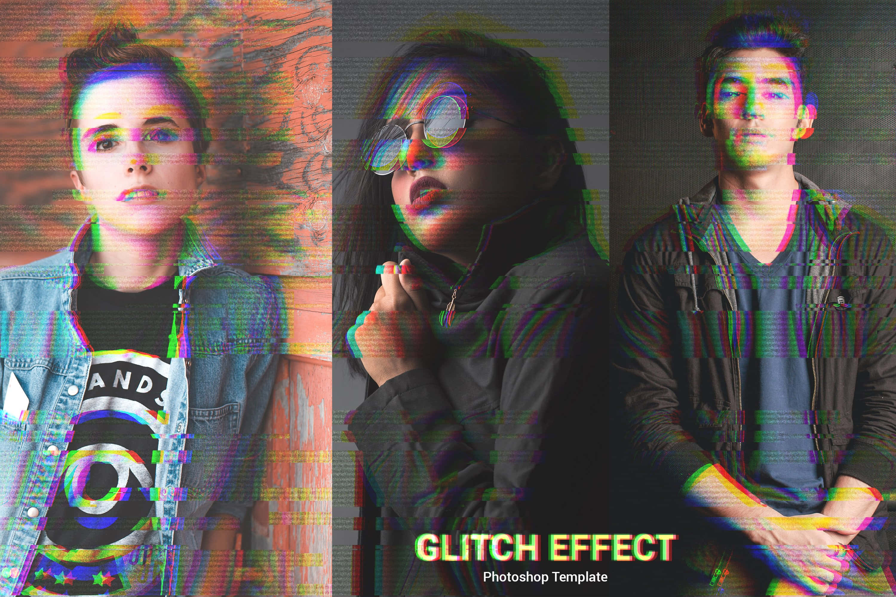 未來感像素 glitch 壁紙 — 三個人，臉上和衣服上覆蓋著故障扭曲效果，呈現鮮豔的數位色彩。