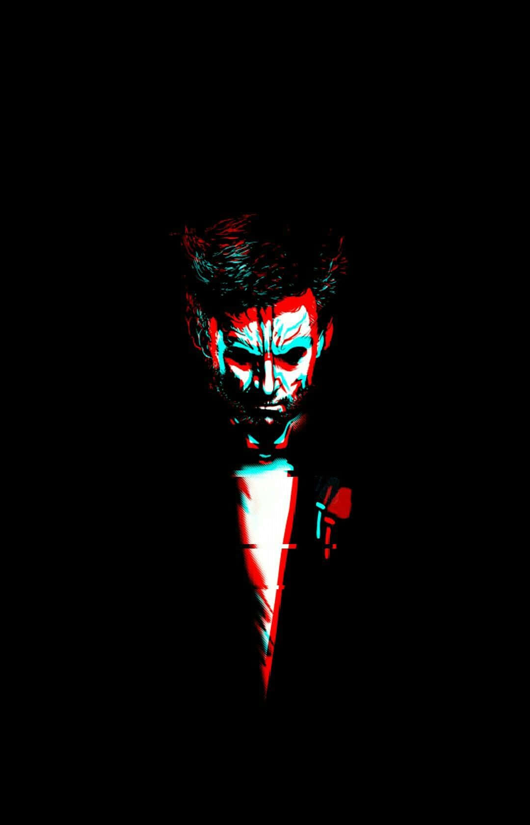 黑 glitch 小丑 壁紙 — 一個風格化的男人肖像，帶有發光的紅色和青色面部特徵，背景為黑色。