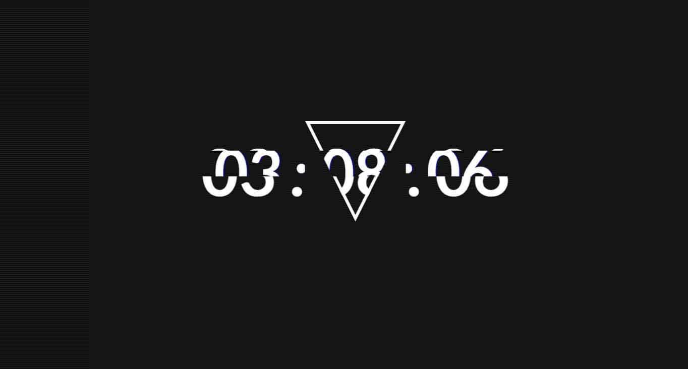 黑時間 glitch 壁紙 — 大膽的白色故障數位時鐘在帶有細微掃描線的漆黑背景上顯示 03:08:06。