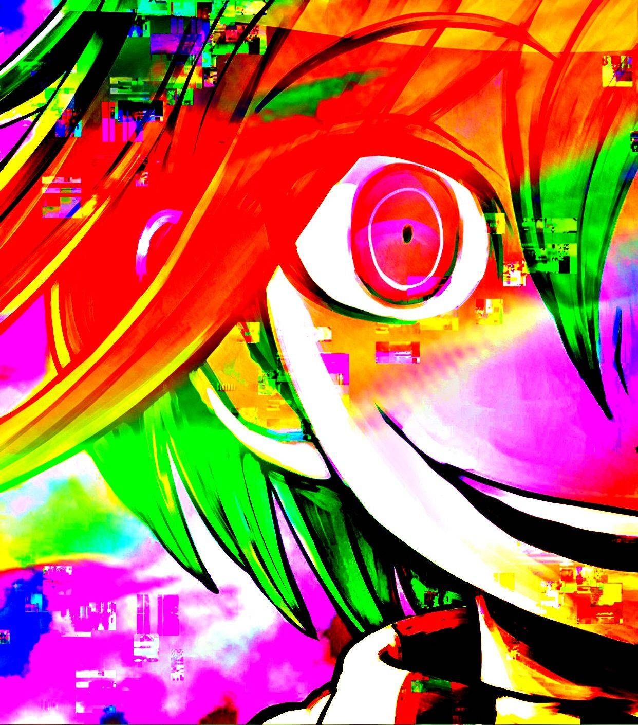 高飽和度 Glitchcore 壁紙 — 一個高度風格化的動漫角色，擁有充滿活力的彩虹頭髮，以及圍繞其強烈眼睛的故障數位效果。