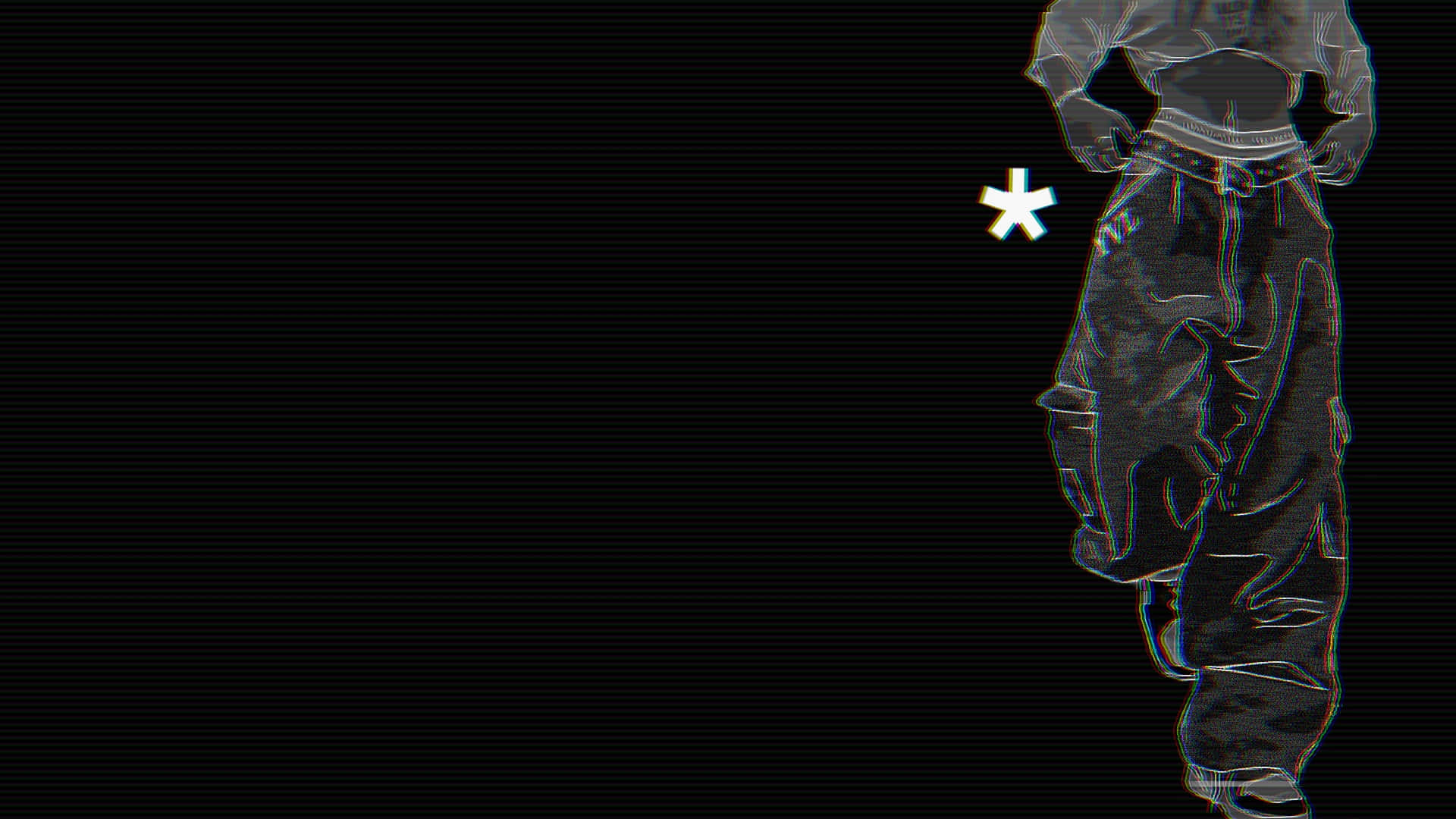  壁紙 — 一個穿著寬鬆褲子的人的故障數碼輪廓，站在黑色背景前，附近有一個白色星號。