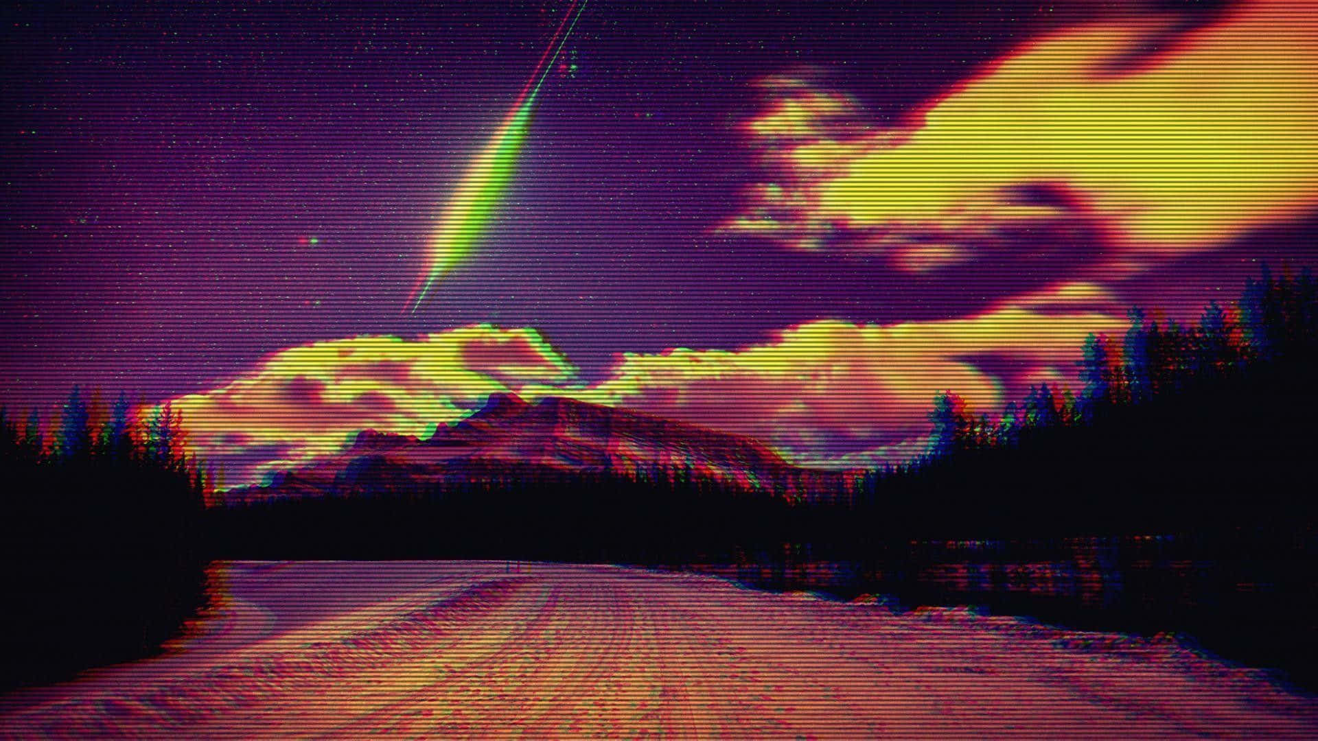 一條帶有故障效果的霓虹燈山間公路，流星劃過夜空。