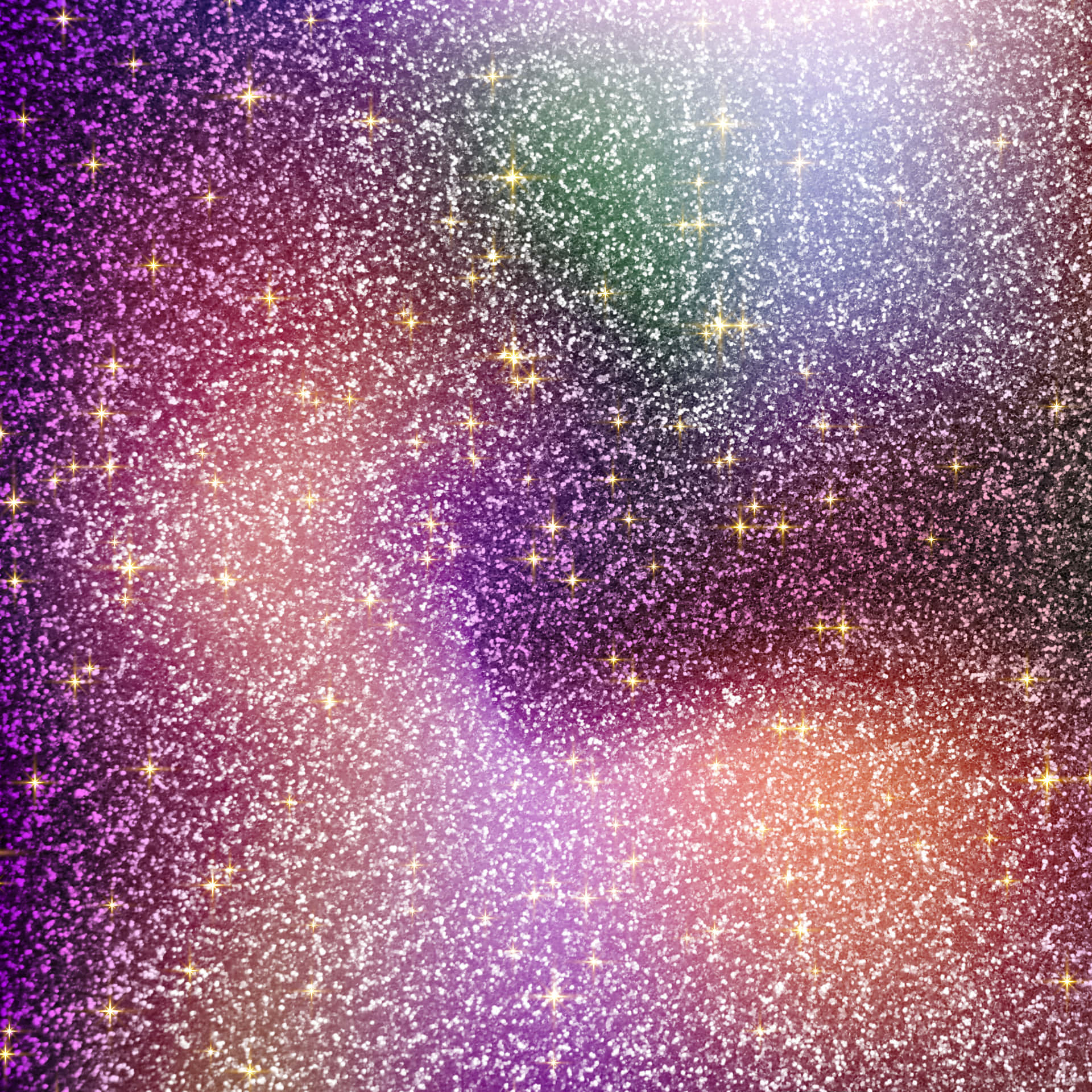 充滿活力的宇宙閃粉背景，帶有閃爍星星和漸變紫色粉紅綠色橙色