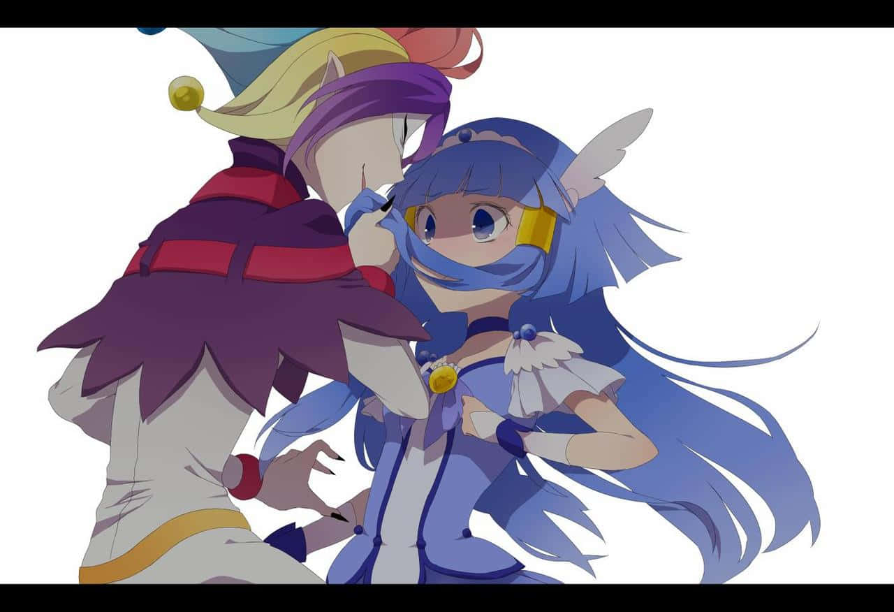 Glitter Force Chloe 面對小丑 壁紙 — 兩個動漫角色，分別有藍色和紫色頭髮，在純白背景中溫暖地擁抱。
