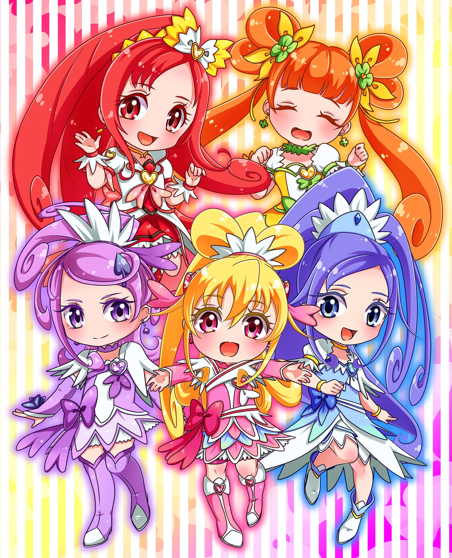 Glitter Force 可愛藝術風格 壁紙 — 五個穿著色彩繽紛魔法服裝的開朗動畫女孩，在充滿活力的條紋背景前愉快地擺姿勢。