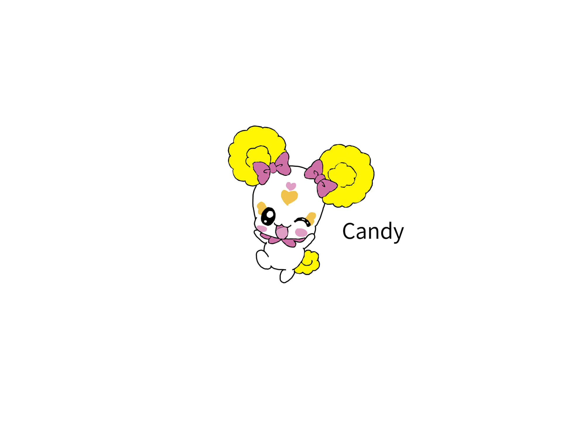 一個名叫Candy的開朗卡通角色，有黃色辮子和粉紅色蝴蝶結。