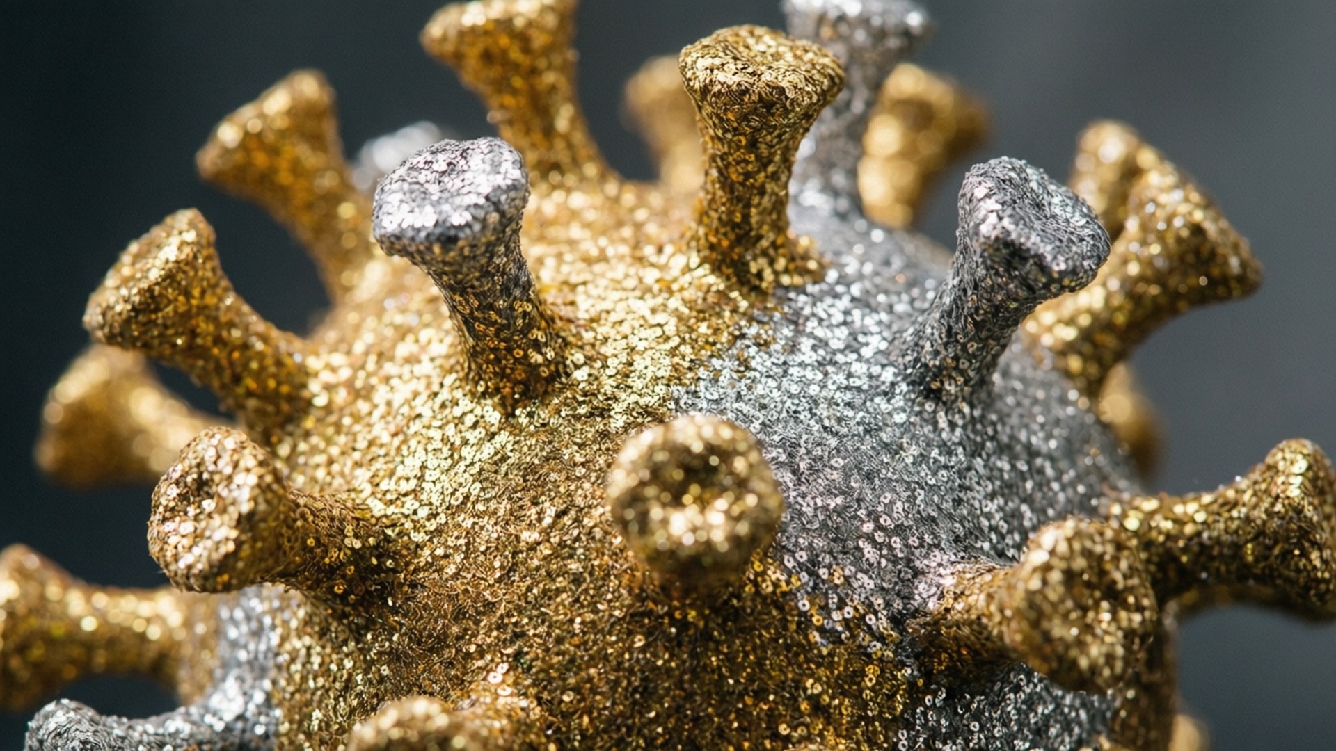 帶有紋理尖刺的金色和銀色閃閃發光的冠狀病毒模型。