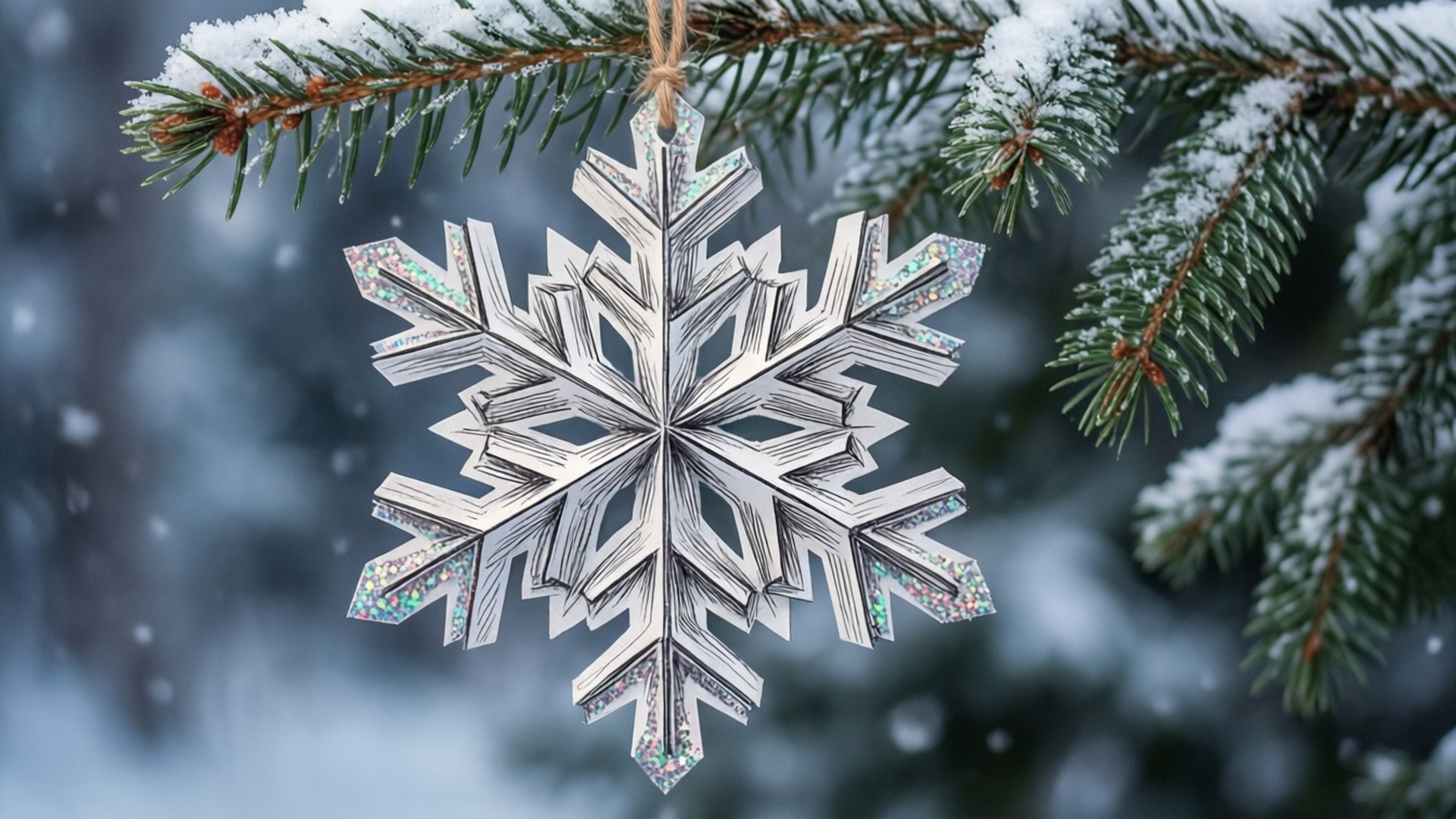 Snowflake Paper Topper 壁紙 — 閃閃發光的銀色雪花裝飾品掛在雪覆蓋的松樹枝上，背景是柔和的藍色冬日。