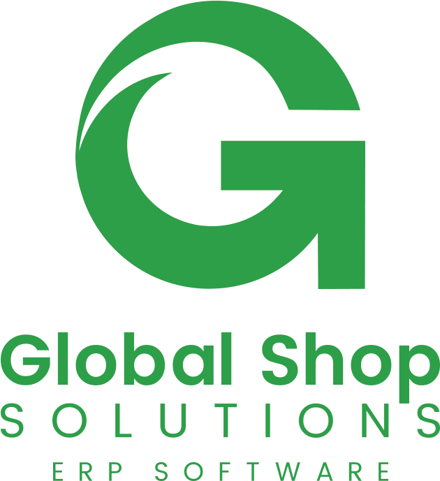 Global Shop Solutions ERP 軟體標誌 壁紙 — 黑色背景上，大膽的綠色風格化G標誌，帶有文字Global Shop Solutions ERP Software。