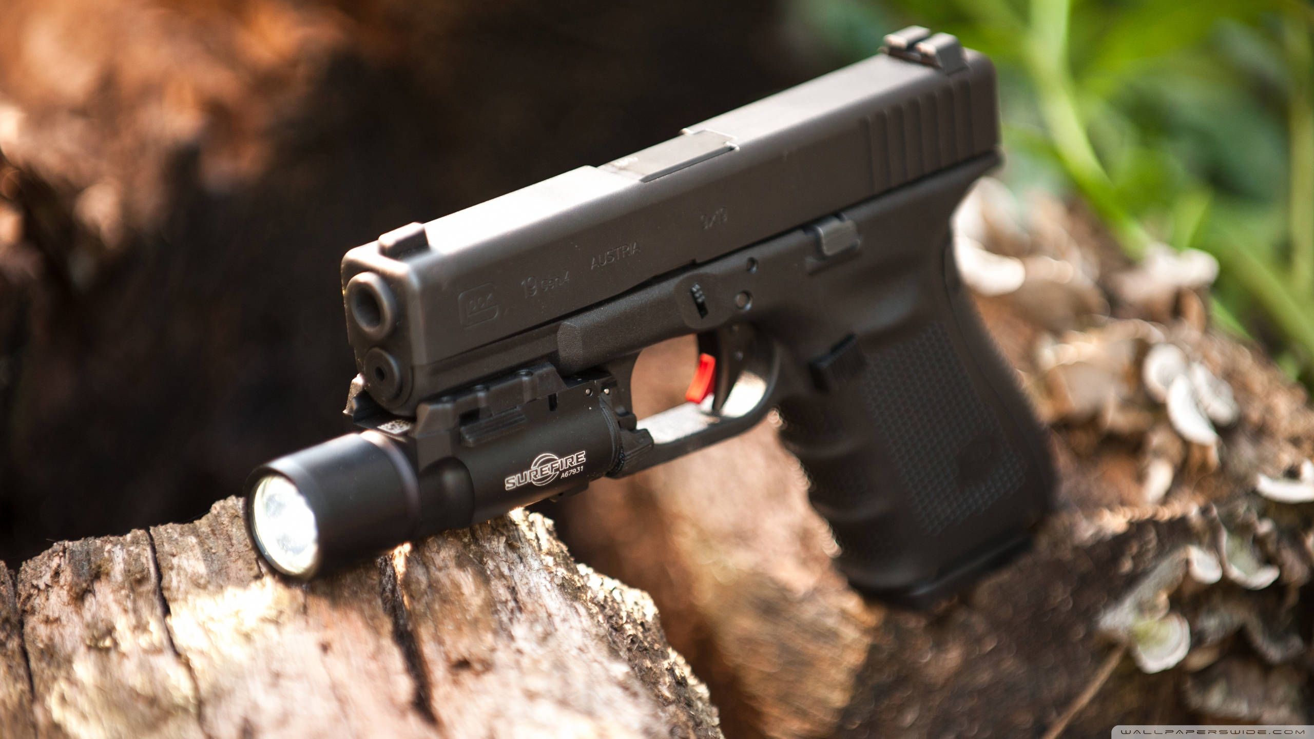 Glock 19 Gen 4 特寫 壁紙 — 一支帶有戰術燈的黑色手槍放在一個風化的樹樁上，周圍是苔蘚和綠色樹葉。