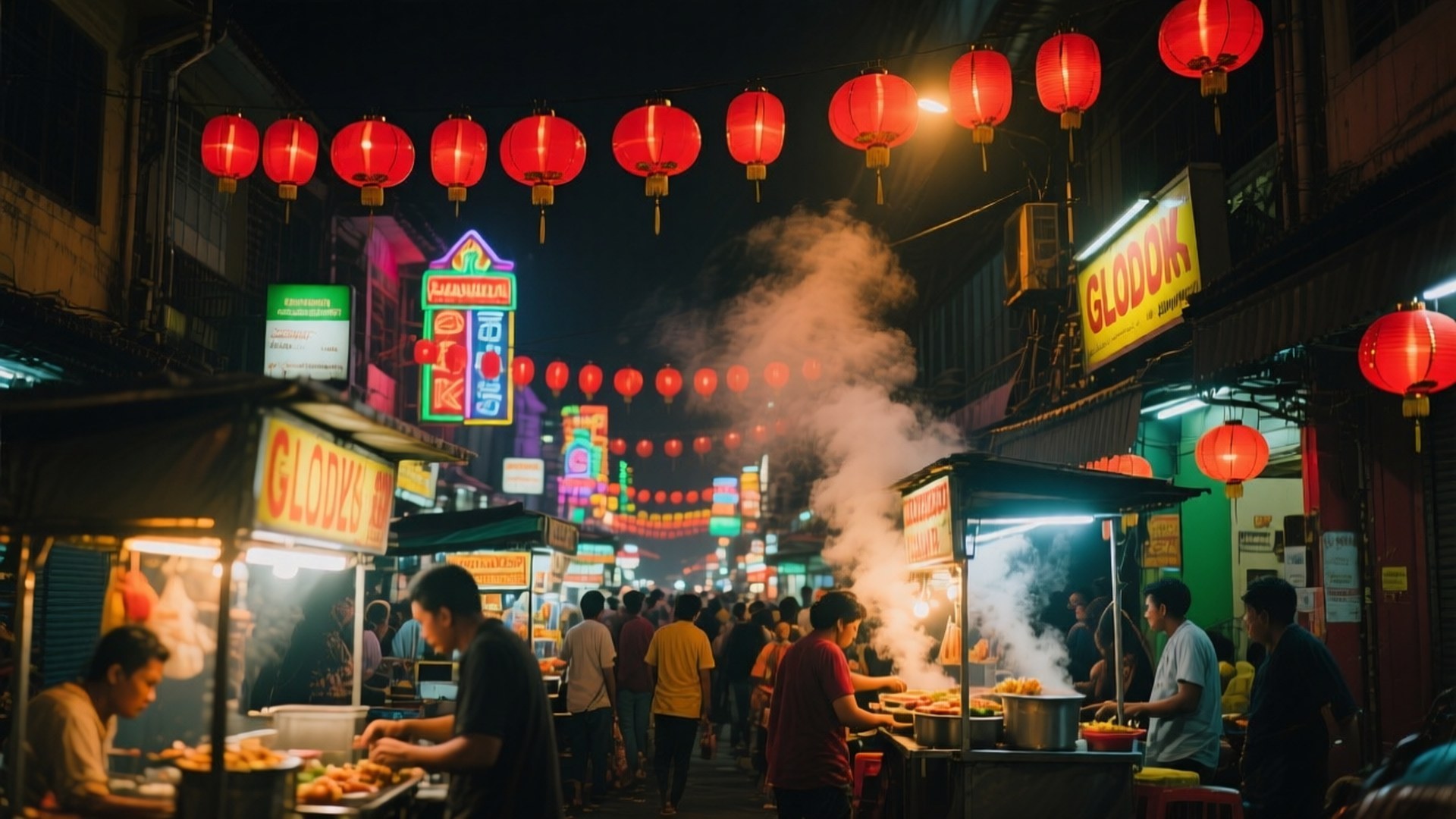 夜市街道 食物攤檔 蒸氣 紅燈籠 霓虹燈招牌 人群