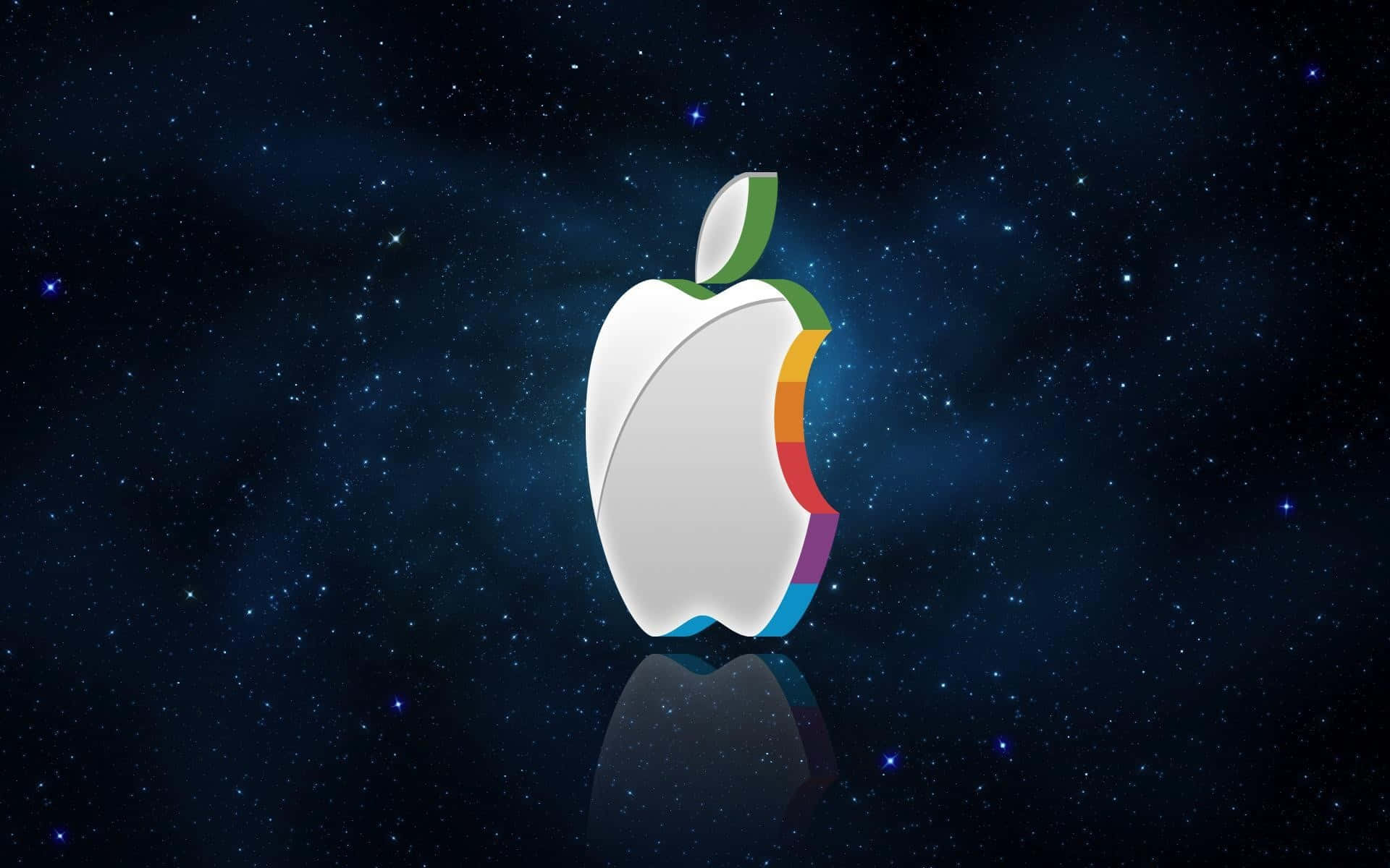 帶有彩虹咬痕的Apple標誌漂浮在星空宇宙中，帶有反射
