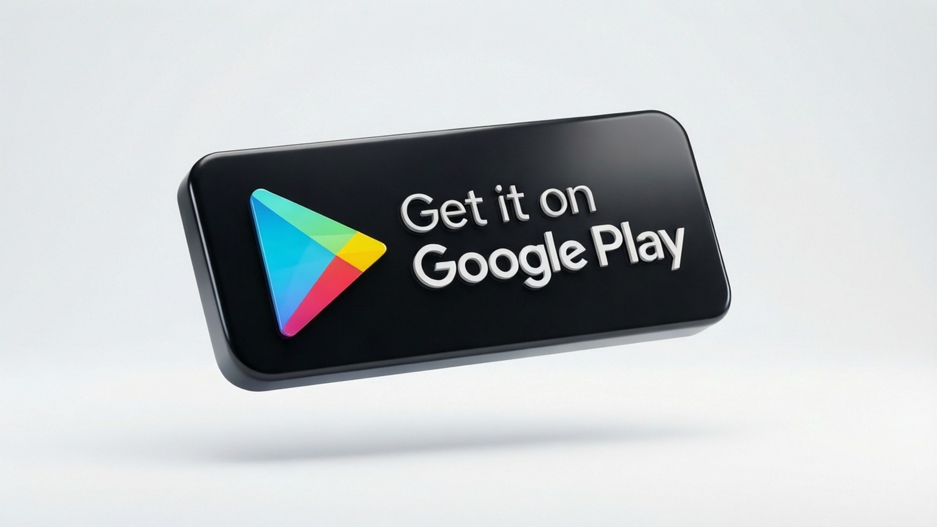 黑色 Google Play 按鈕，帶有彩色標誌和銀色文字，漂浮在白色背景上