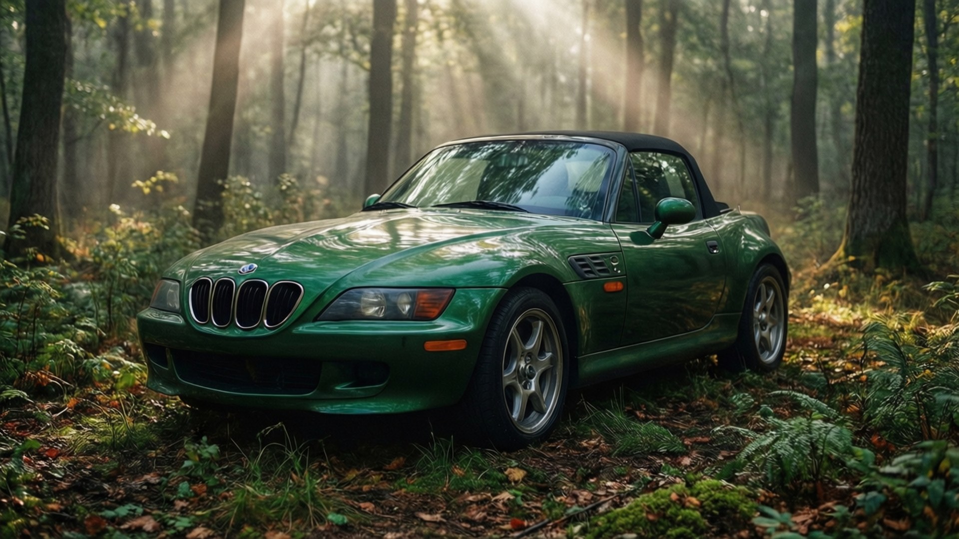 綠色BMW Z3敞篷車停放在薄霧森林中，陽光透過樹木灑落。