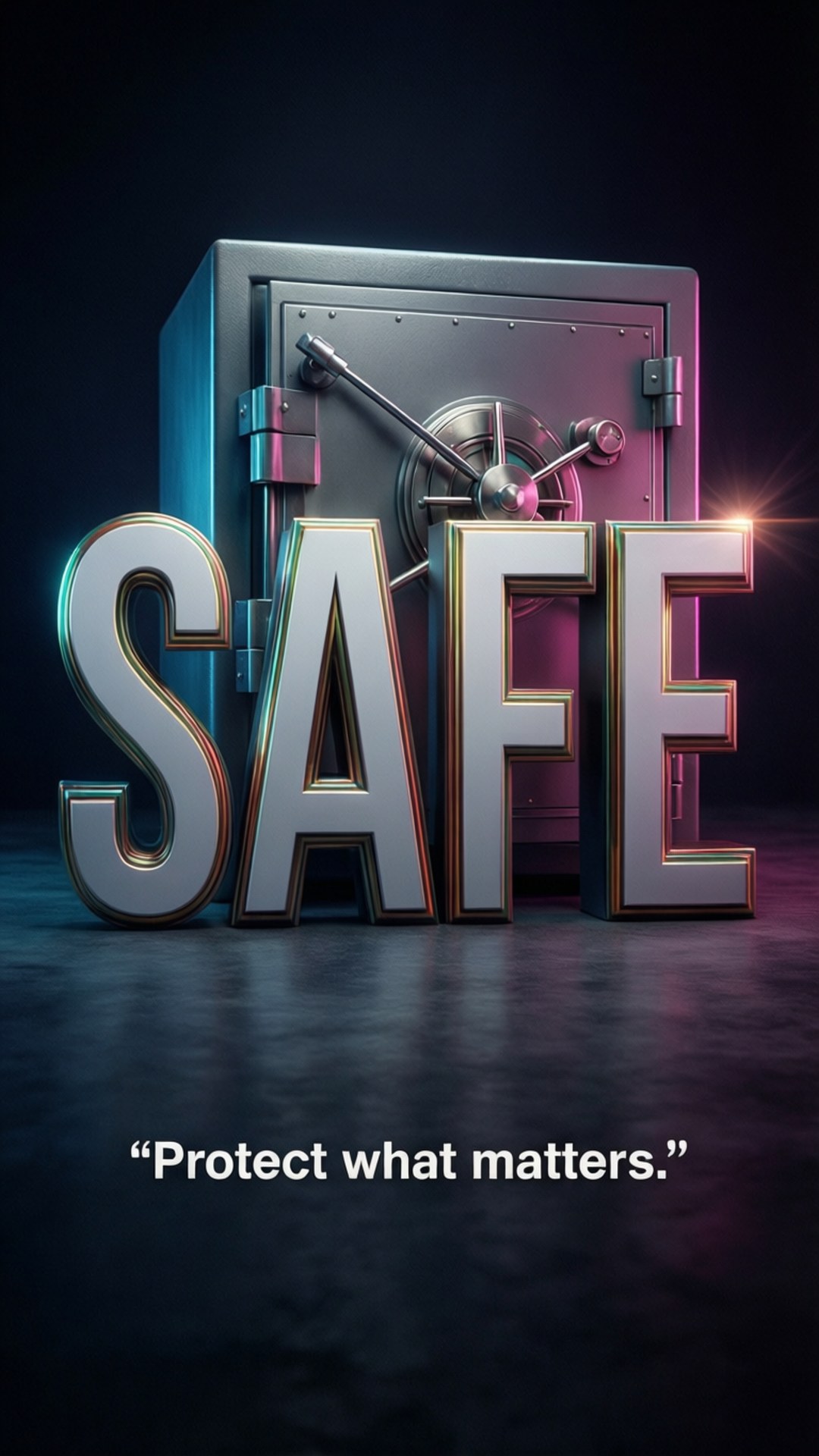 safe 桌布 壁紙 — 光澤金屬字母拼出SAFE，立於一個帶有發光藍色和粉紅色燈光的保險庫前，地板為深色。