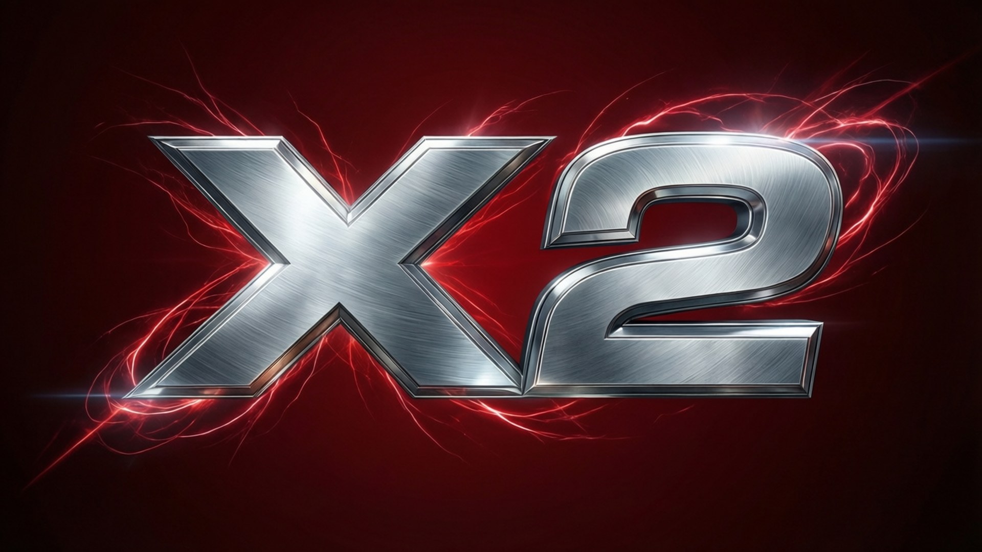 X2 Logo Metallic 壁紙 — 光澤金屬X2標誌在深紅色背景上發出電光火石般的紅色能量。