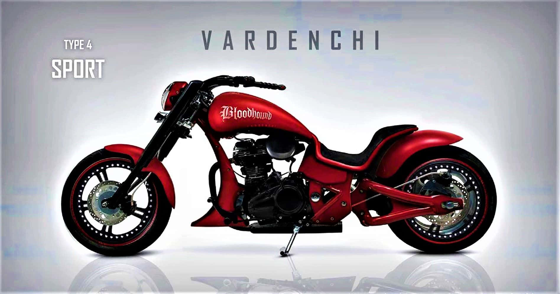 Vardenchi 桌布 壁紙 — 一輛帶有 'Bloodhound' 品牌標誌的亮紅色 chopper 摩托車，在漸變灰色背景的影樓燈光下展示。