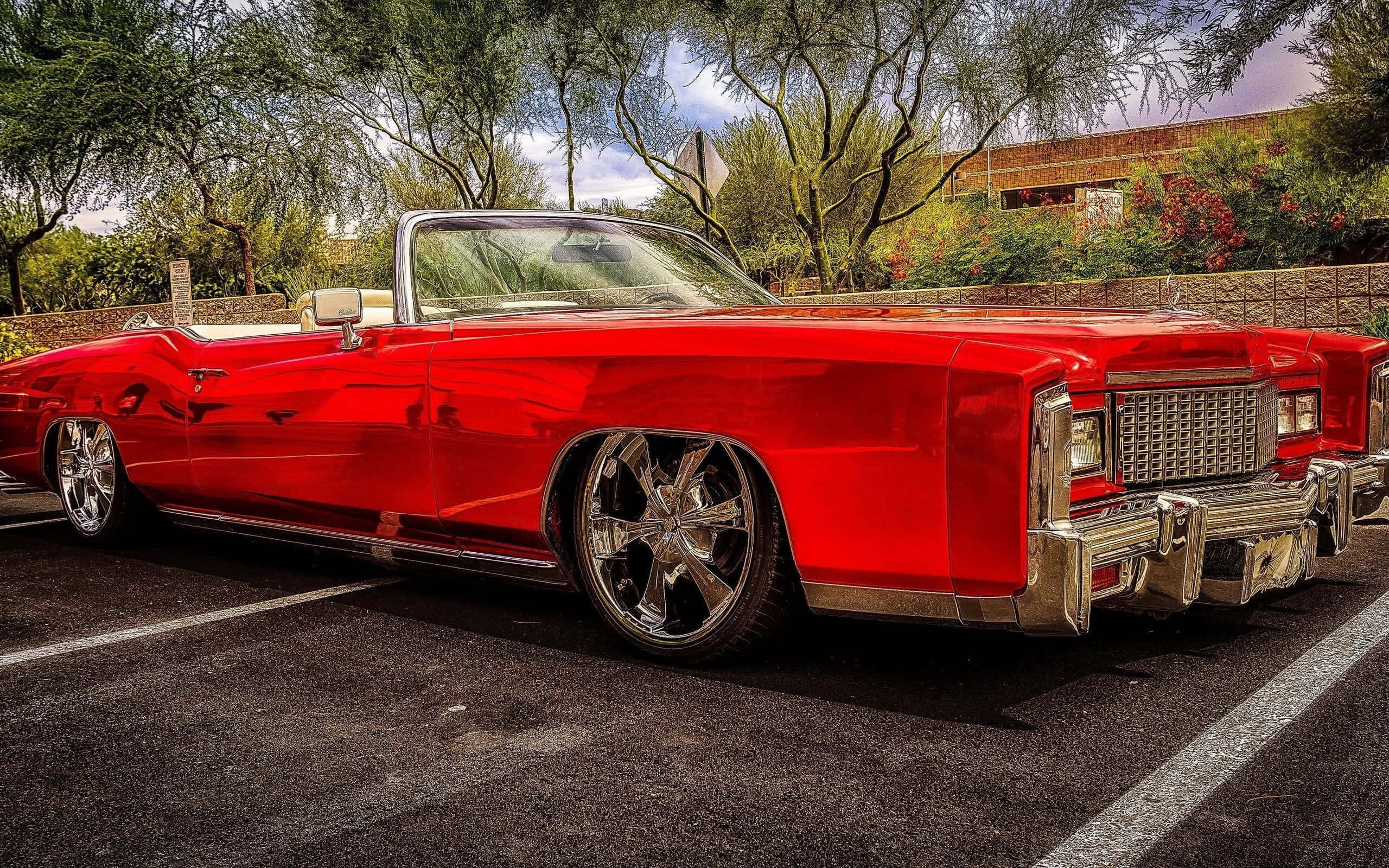 Cadillac Eldorado 桌布 壁紙 — 一輛光澤的紅色經典敞篷車，配有鍍鉻輪圈，停在樹蔭下的陰涼處，周圍是枝葉茂密的樹木。
