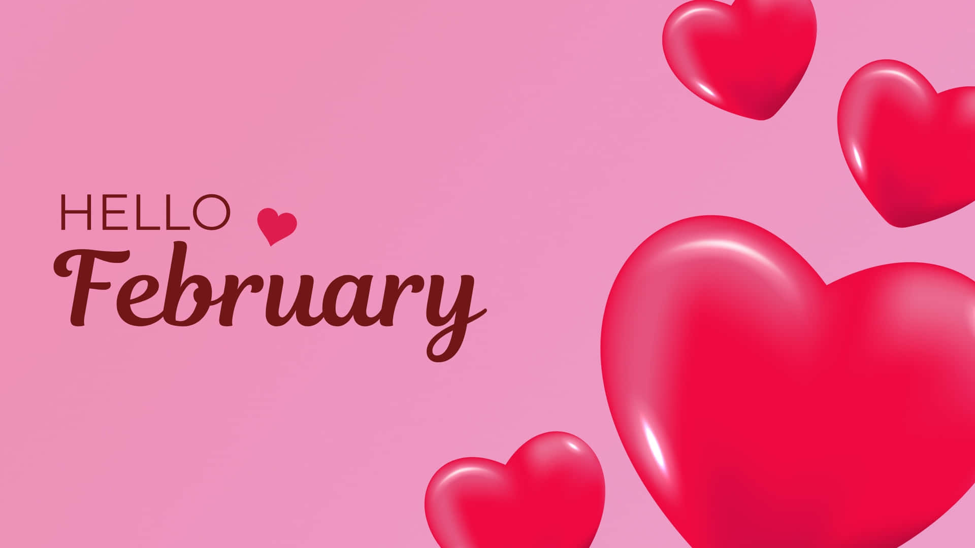 粉紅色背景上漂浮的紅色心形和「Hello February」文字。 — 粉紅色心形動圖 壁紙