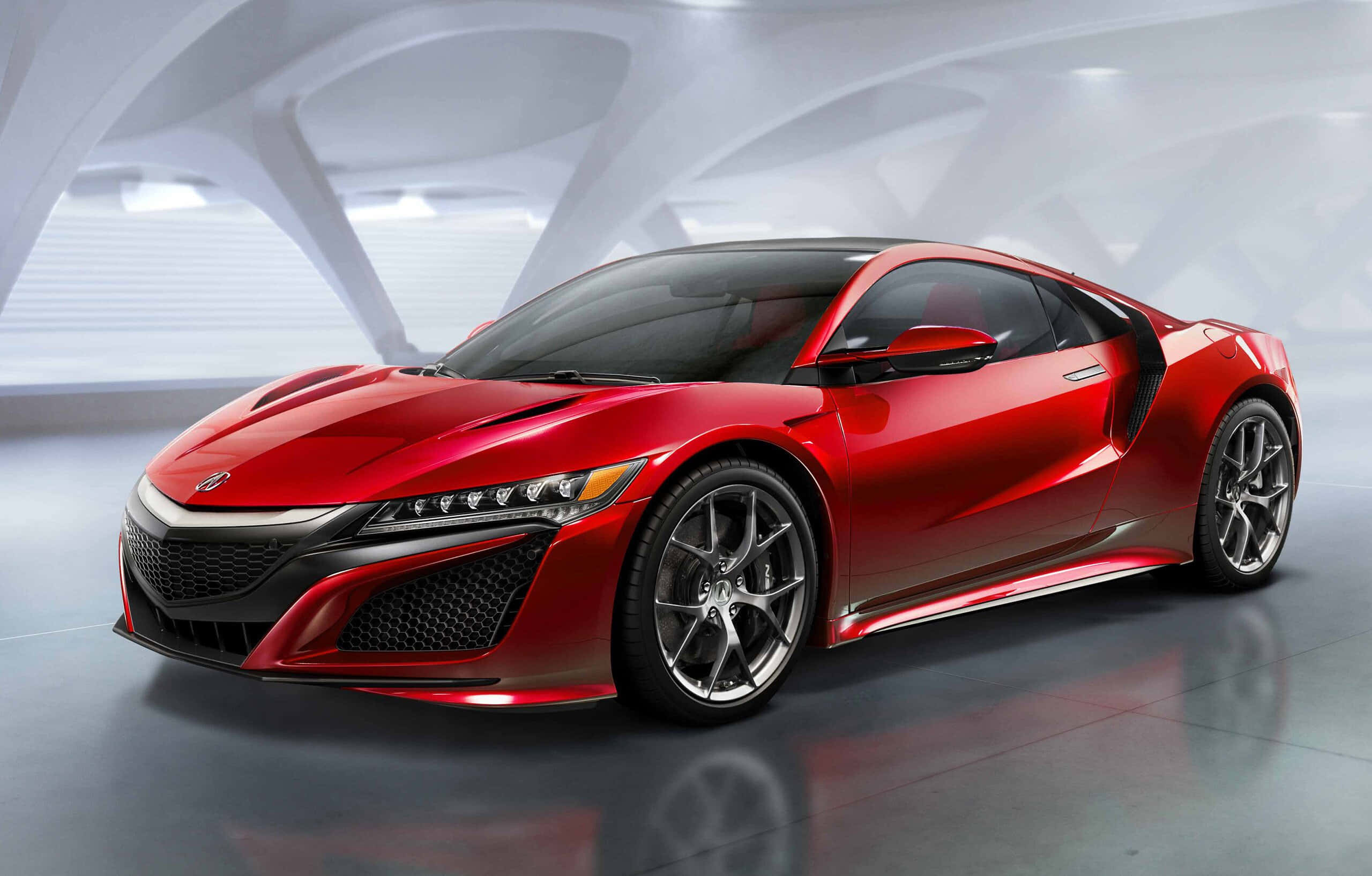 Honda Nsx 桌布 壁紙 — 一輛光澤紅色跑車，具有流線型空氣動力學線條，在未來主義的白色弧形建築工作室中展示。