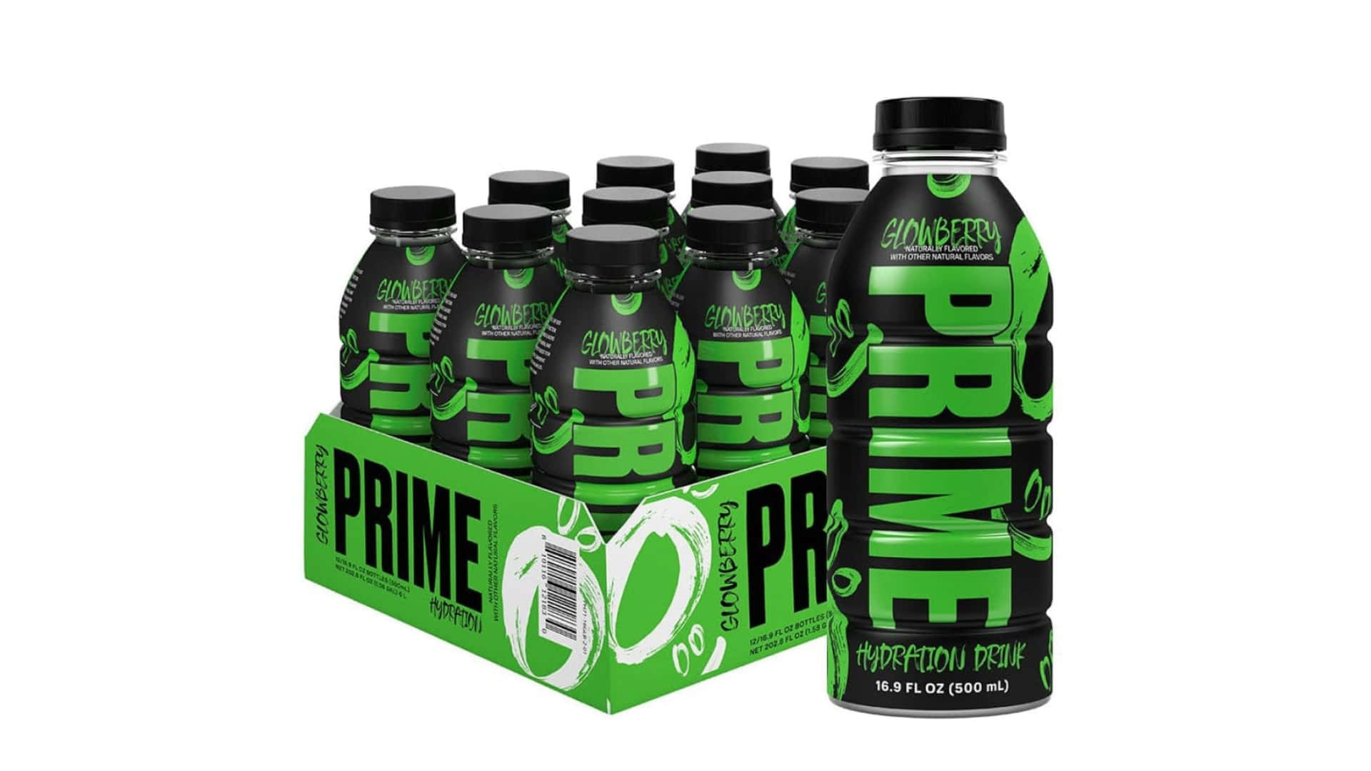  壁紙 — 一個充滿活力的綠色和黑色Glowberry Prime保濕飲料瓶箱，整齊地排列在白色背景上。