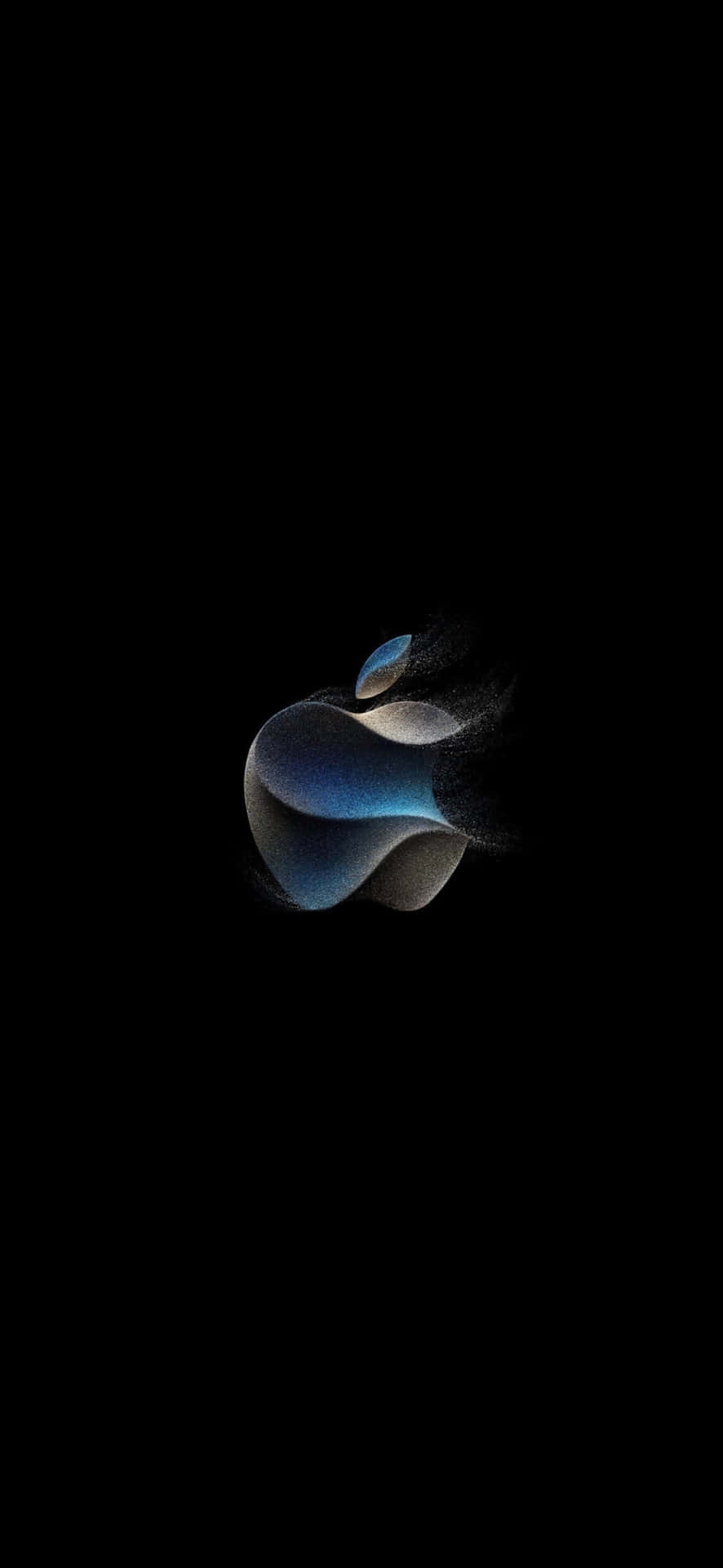  壁紙 — 一個發光的藍色和銀色Apple標誌從黑暗中浮現，帶有微妙的粒子效果。
