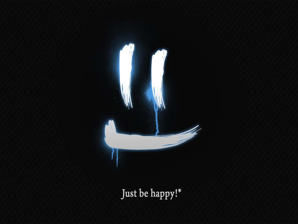 Cheerful 桌布 壁紙 — 一個發光藍色筆觸笑臉，帶有滴落的油漆，在深色紋理背景上，下方有文字。